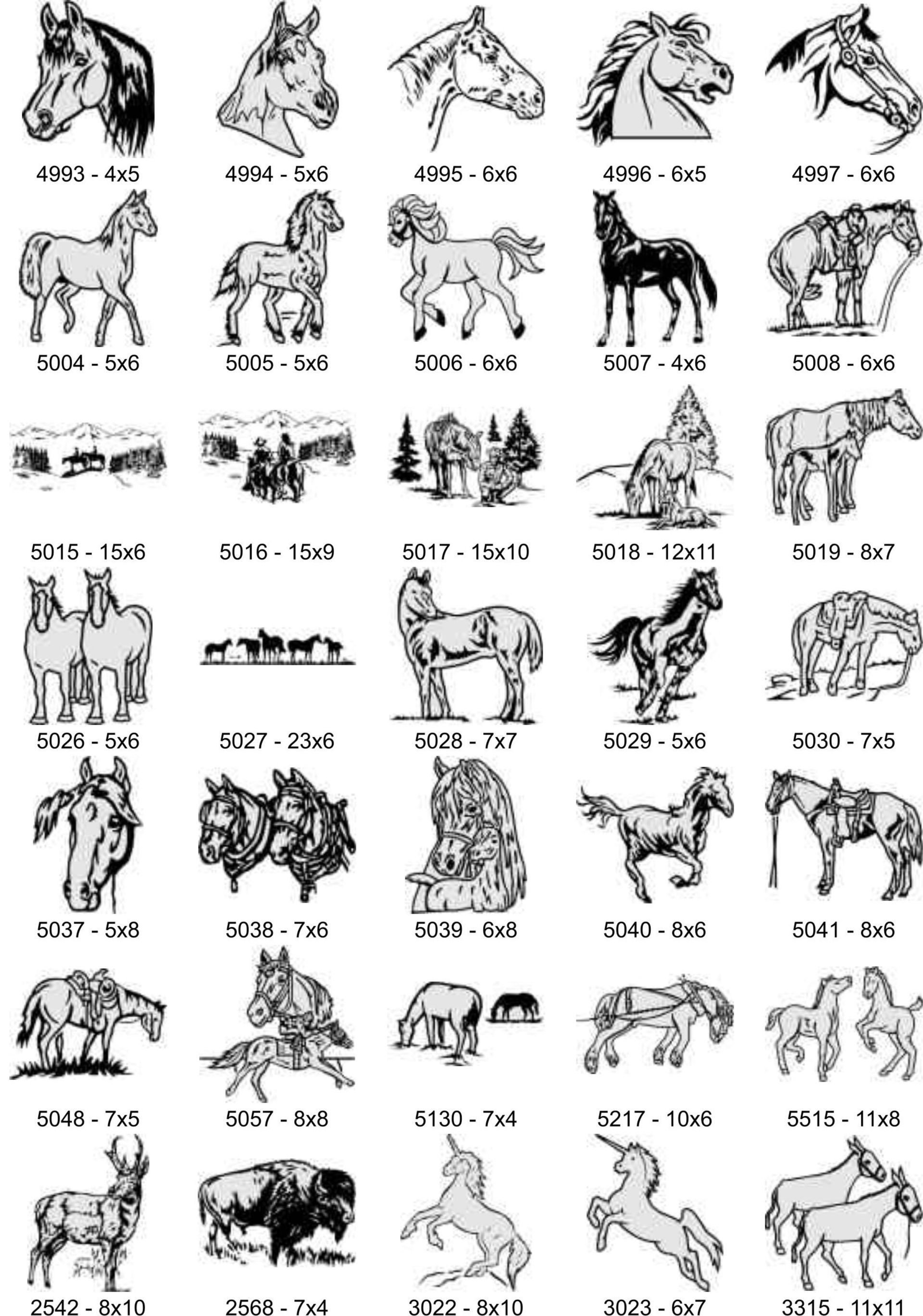 A grid of 35 black-and-white line art illustrations of horses, ponies, and other animals, each labeled with a model number.