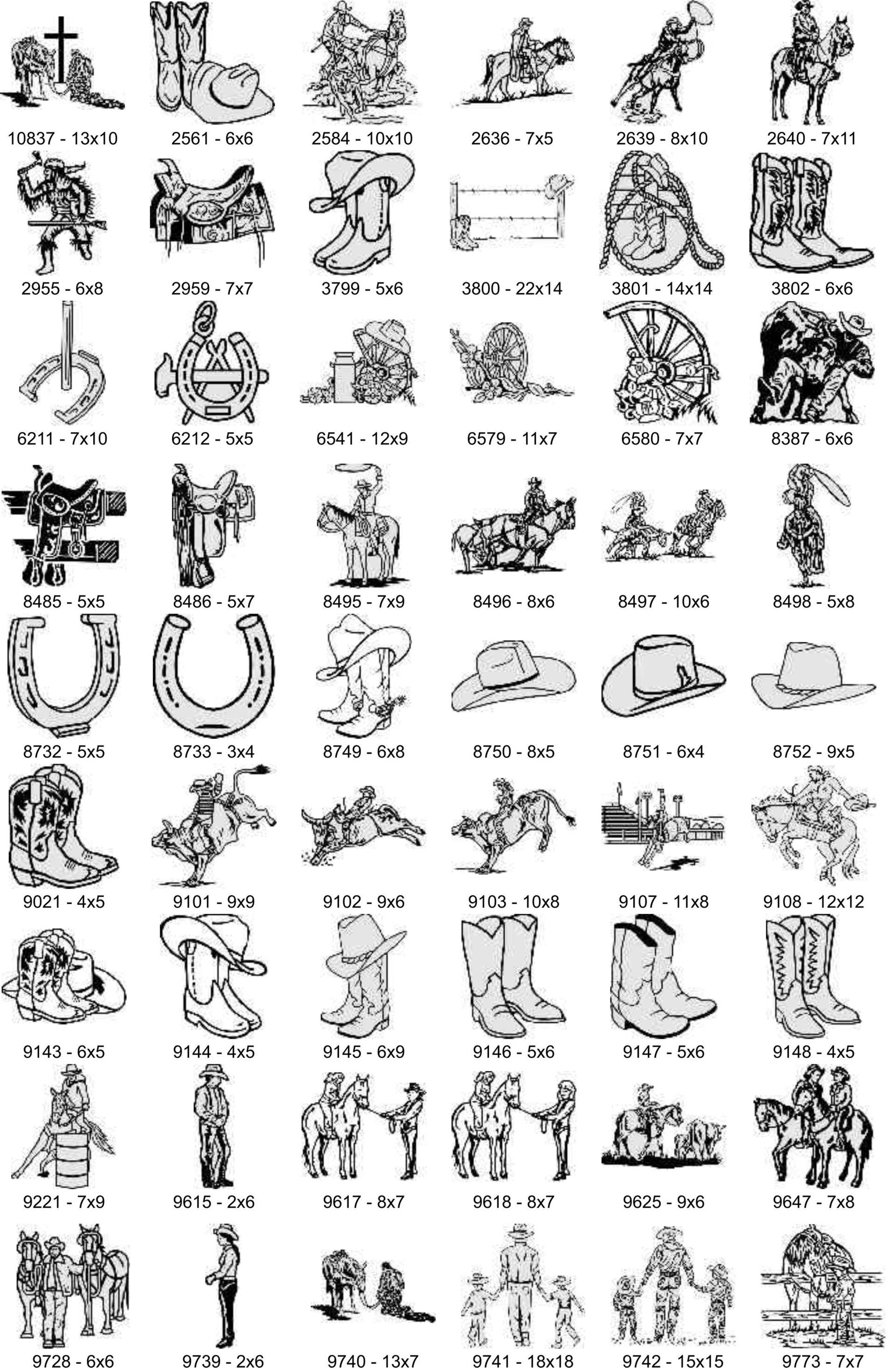A grid of monochrome cowboy and Western-themed clip art illustrations, including boots, hats, horses, and riders.