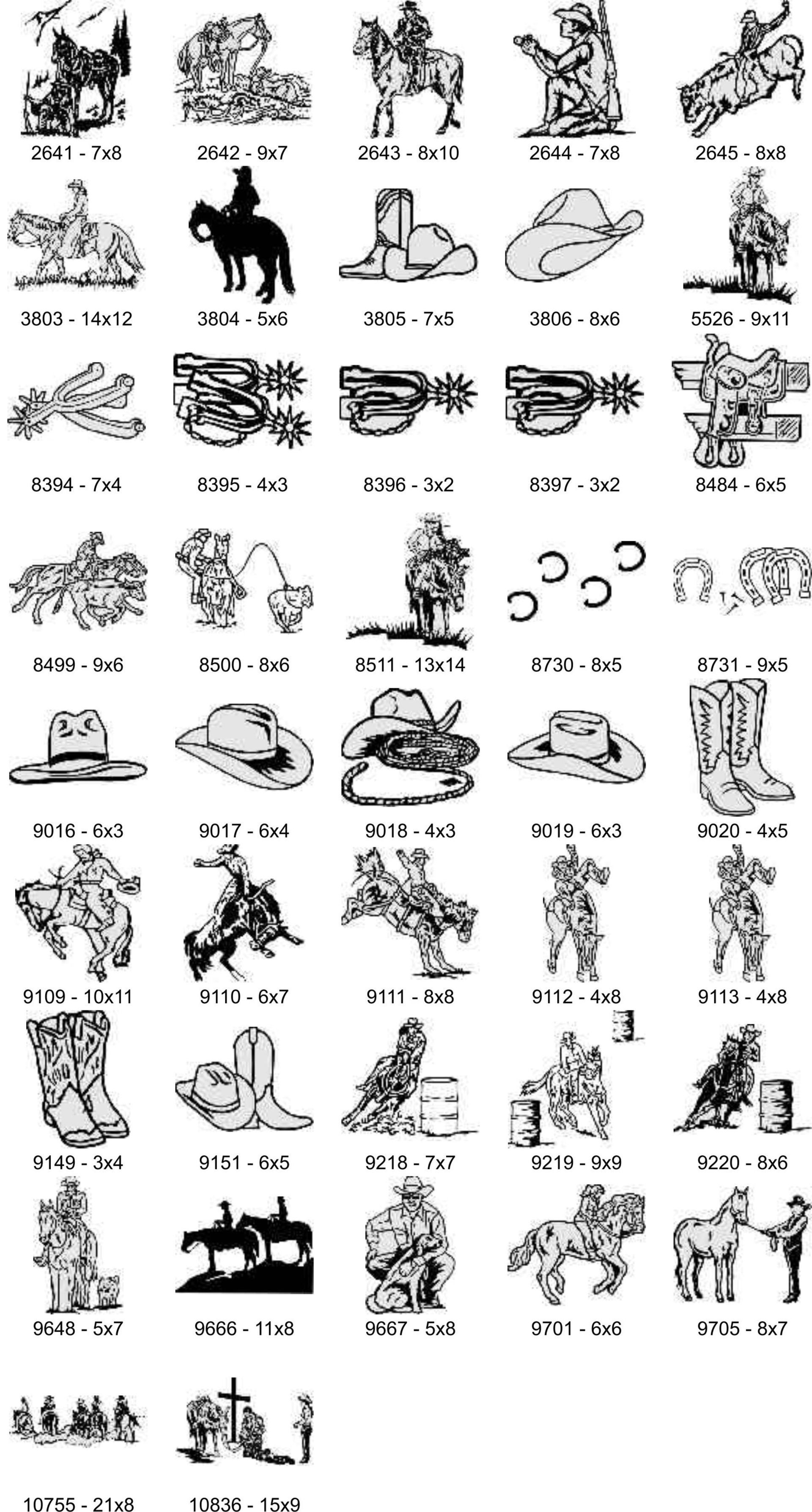 A grid of small, monochrome Western-themed illustrations including cowboys, horses, boots, hats, and rodeo scenes.