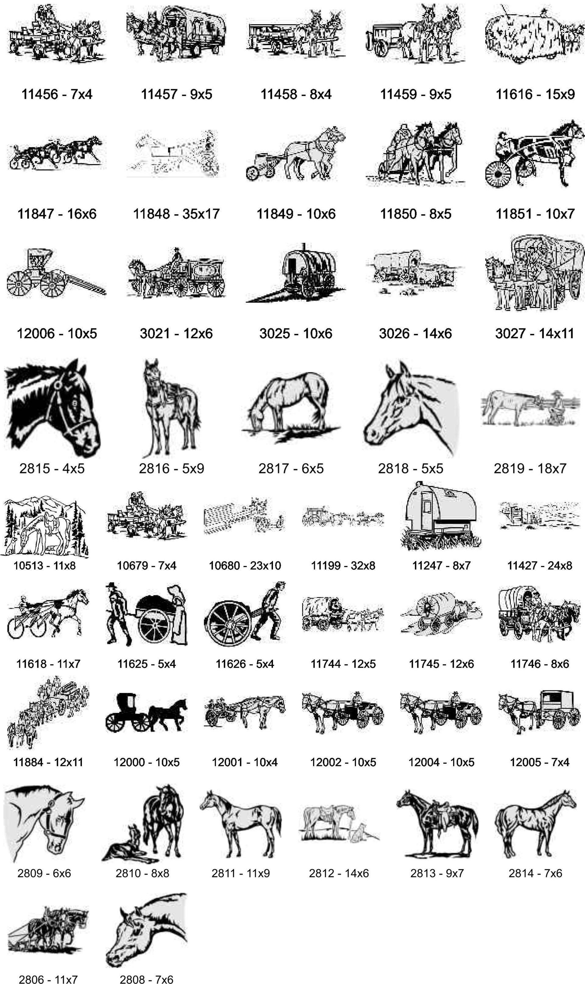 A grid of black-and-white line drawings featuring various horse-drawn carriages, horses, and related farm scenes.