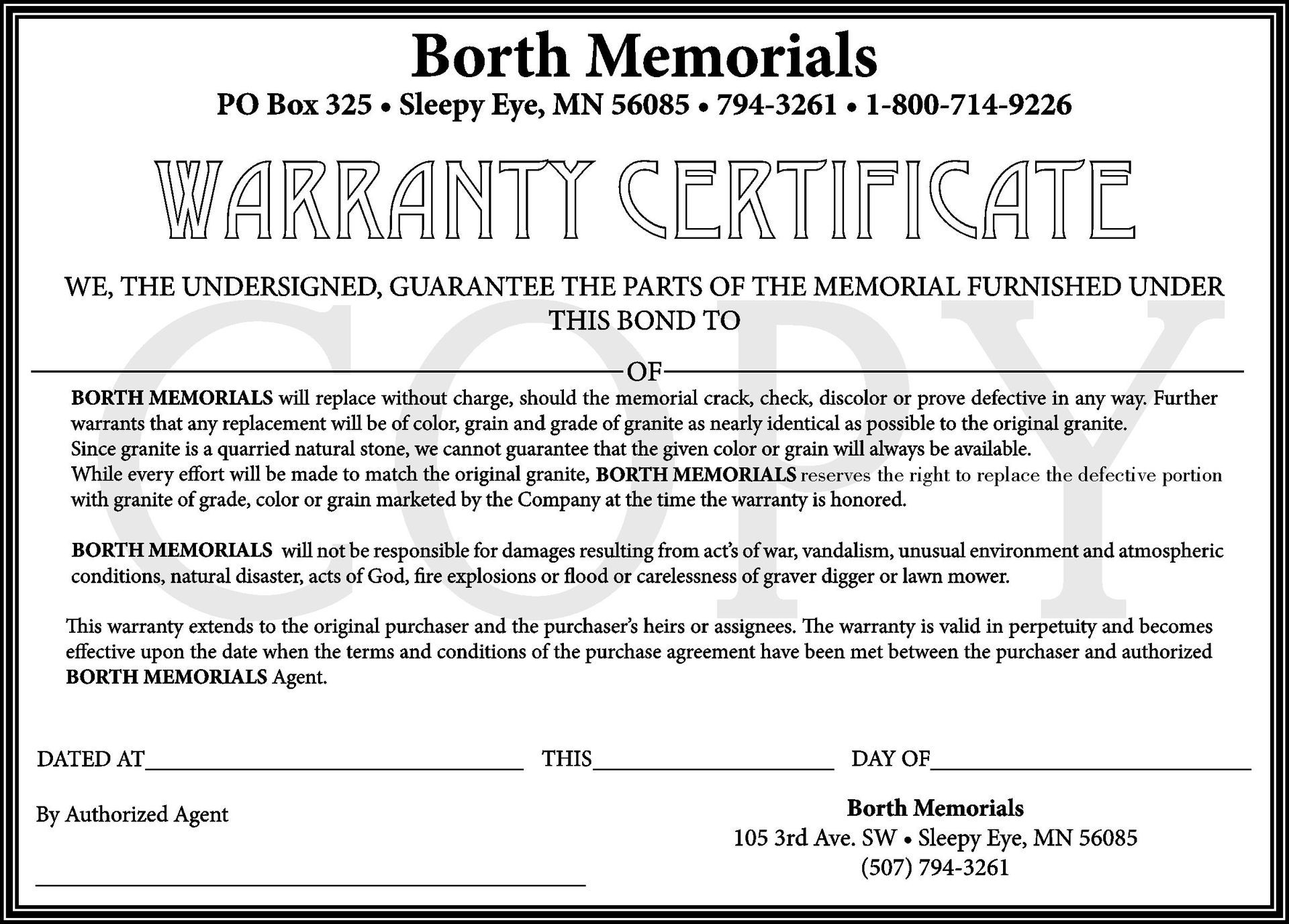 Warranty certificate from Borth Memorials, guaranteeing memorial parts. Includes contact info.