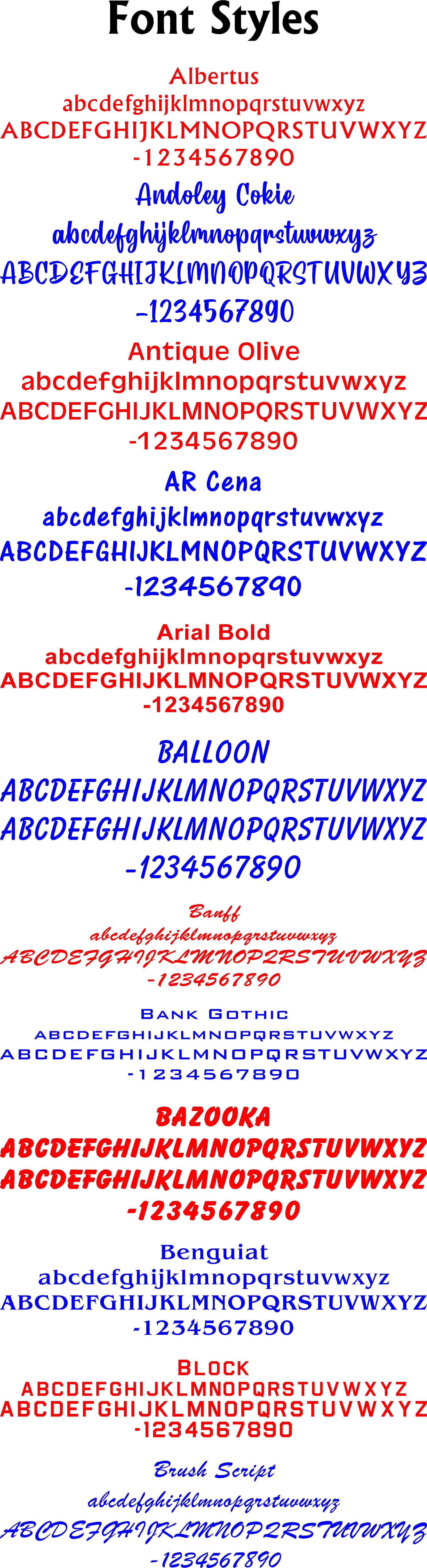 A list of various font styles, including names followed by their uppercase and lowercase character examples.
