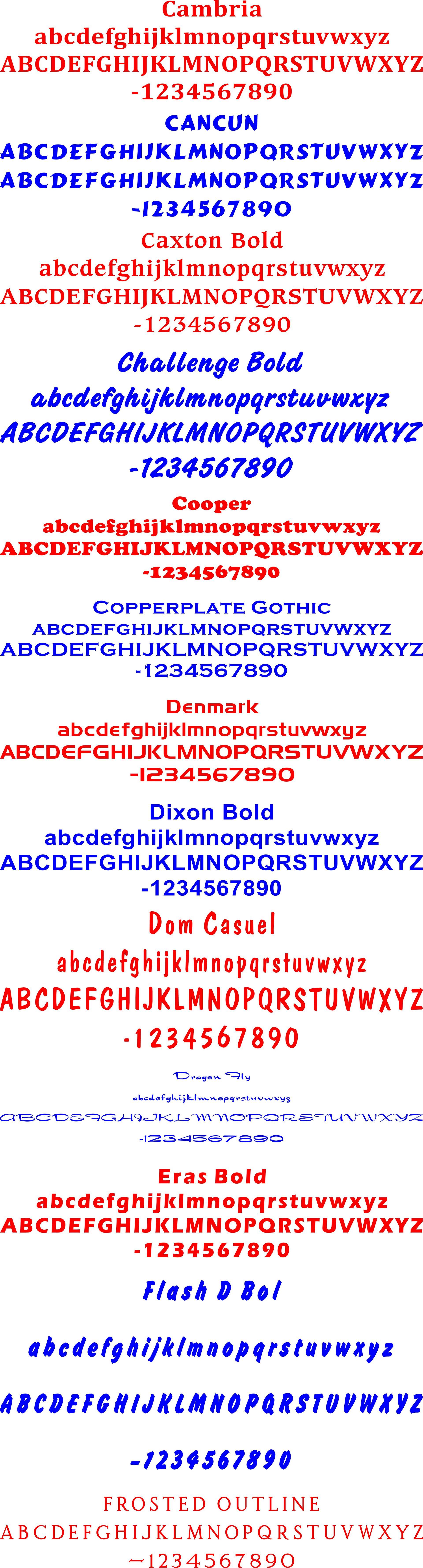 A chart listing various font styles, each showing the alphabet in both lowercase and uppercase letters.