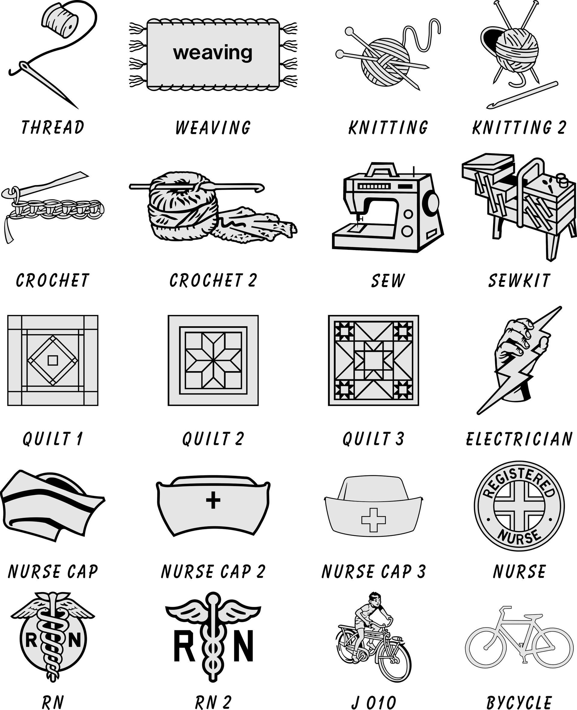 A grid of 20 black-and-white icons representing various crafts, tools, and professions, each with a text label below.