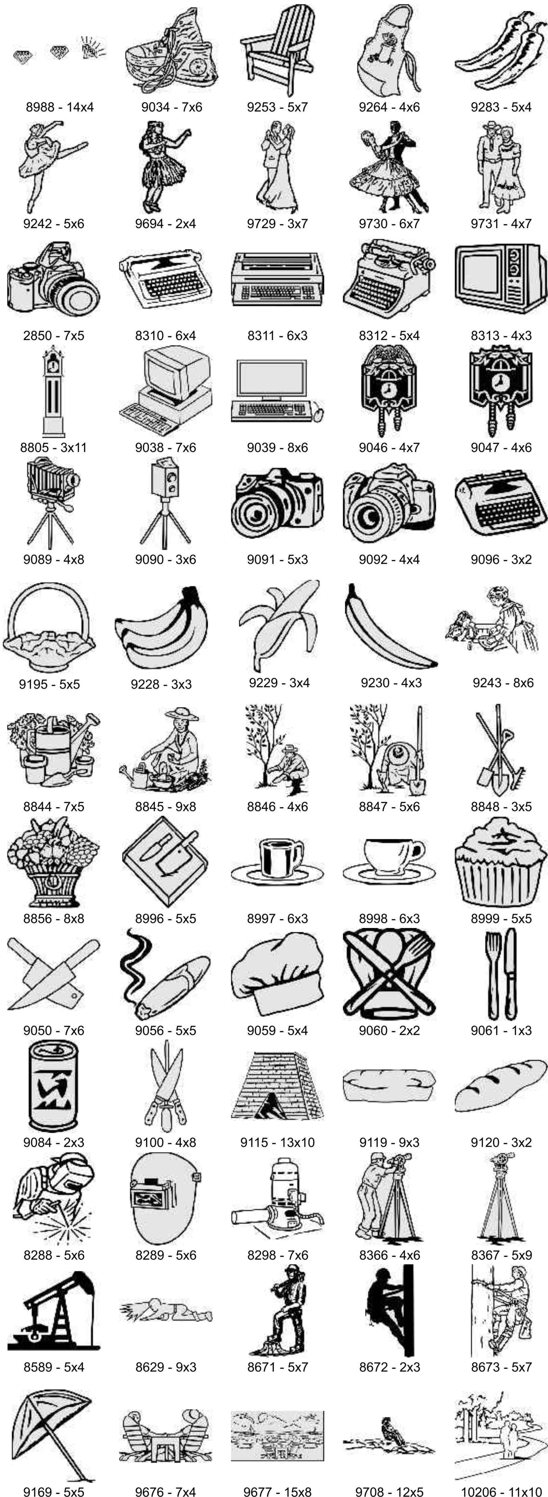 Grid of miscellaneous icons including figures, cameras, fruits, and mechanical objects, each labeled with a reference code.