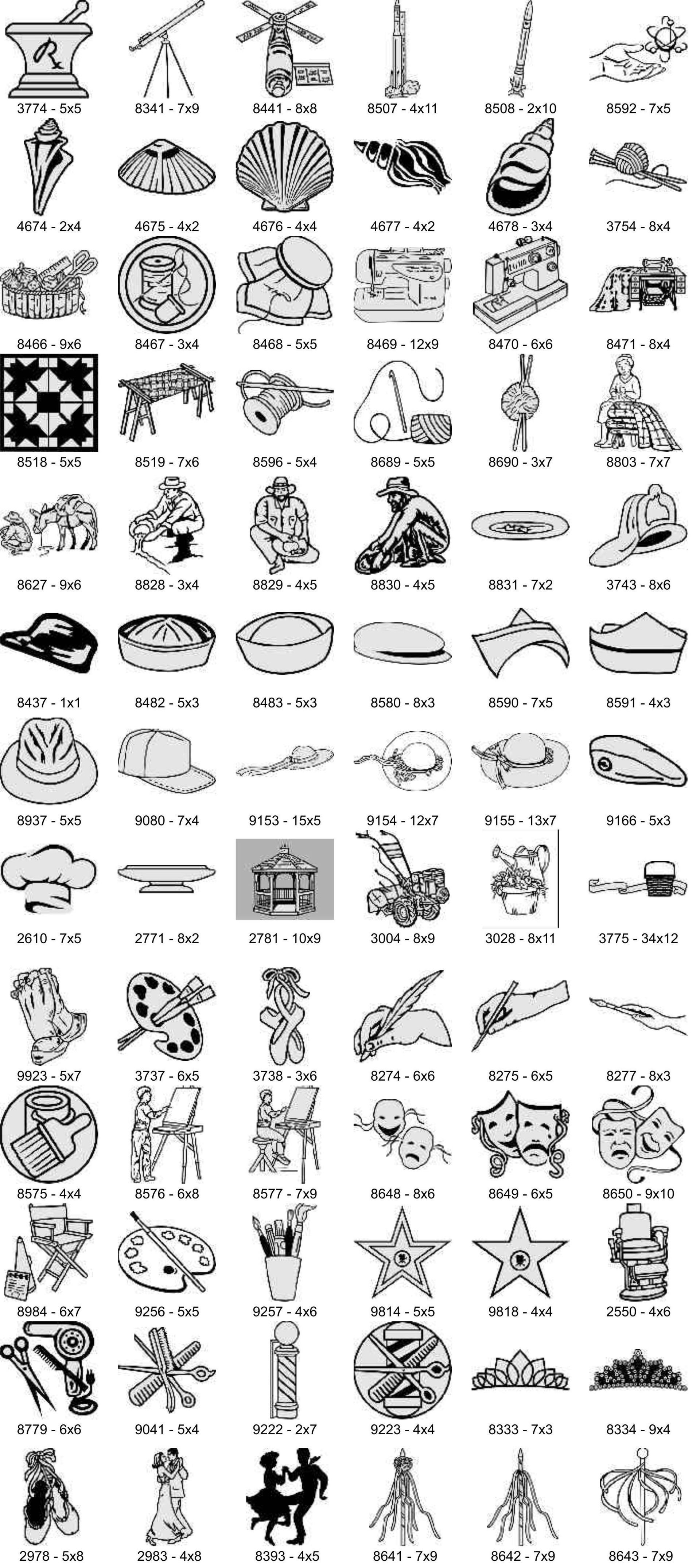 A grid of numerous small, black-and-white clip art illustrations, including various objects, animals, and symbols.
