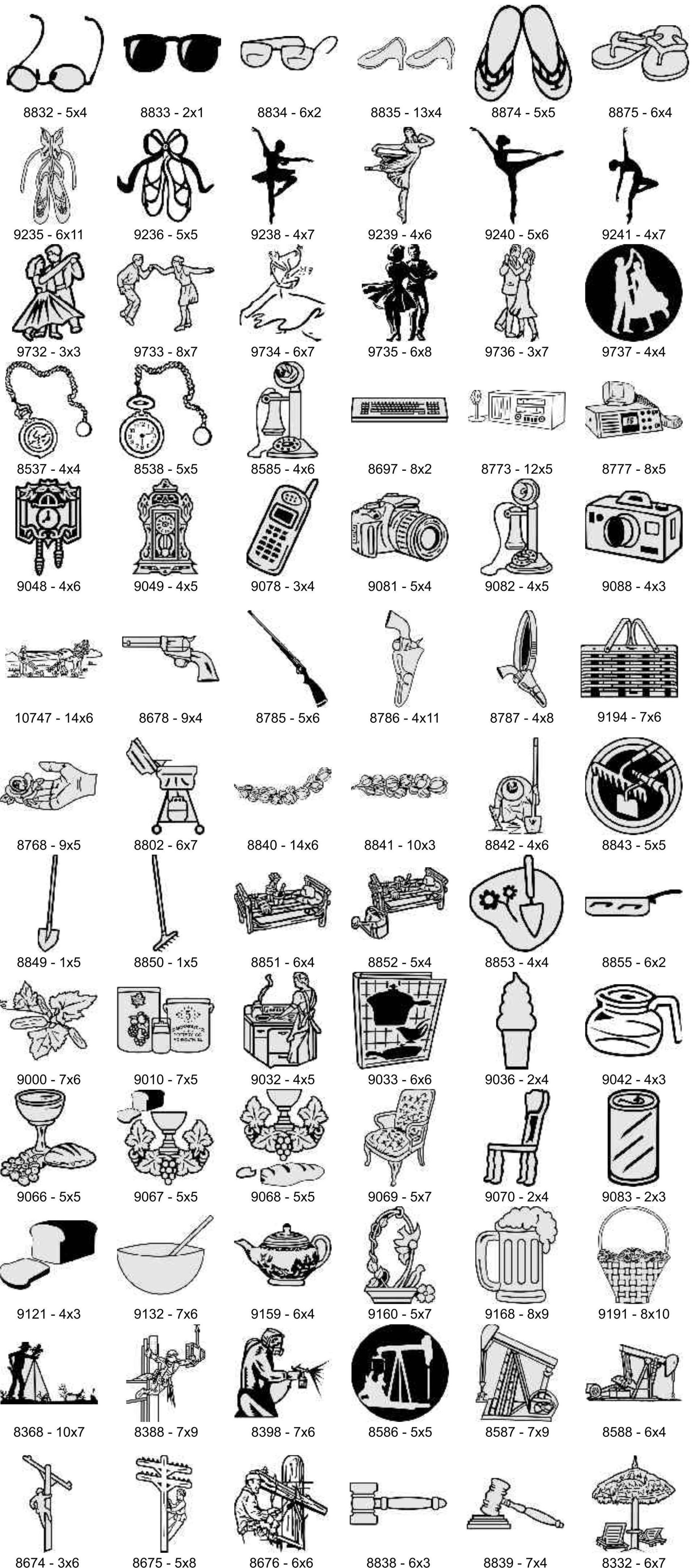 A collection of various small, black-and-white icons and illustrations, arranged in a grid of rows and columns.
