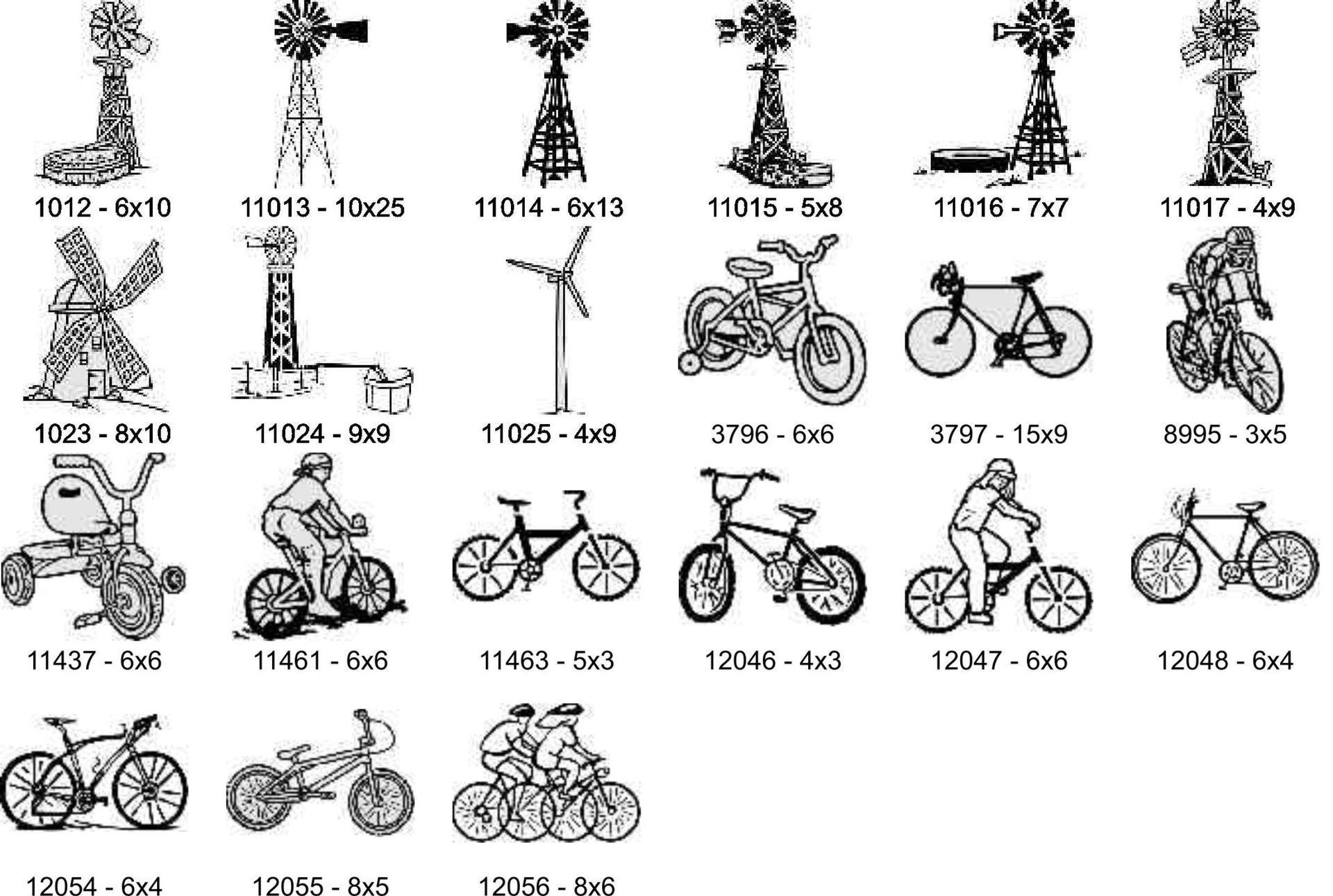 A grid of black-and-white line art icons featuring various windmills, bicycles, and tricycles with associated ID codes.