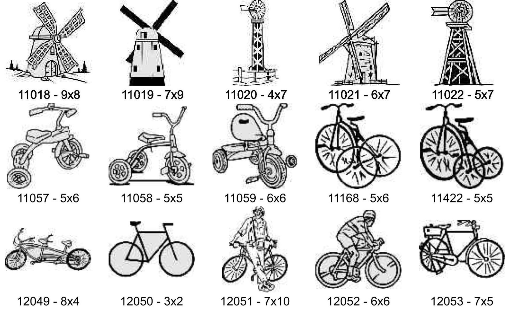 A grid of fifteen black-and-white line art illustrations of windmills, tricycles, and bicycles, each with a code number.