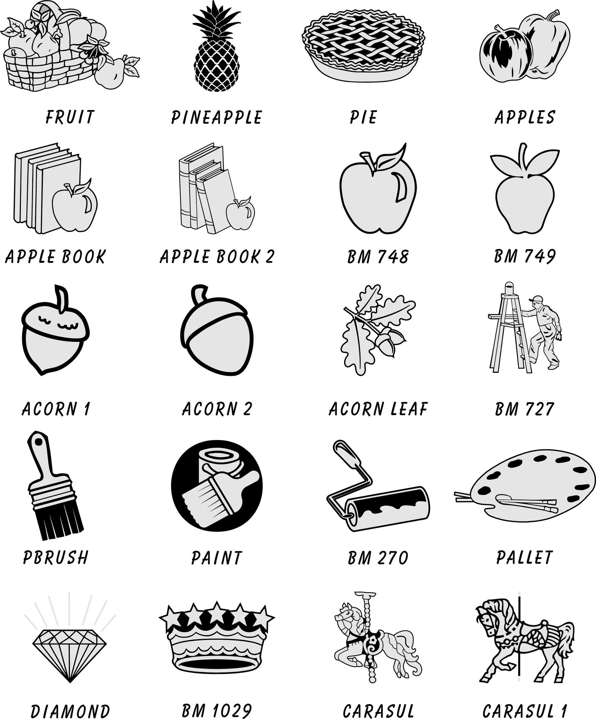 A grid of 20 icons depicting various items including fruit, school supplies, nature elements, and art tools with labels.