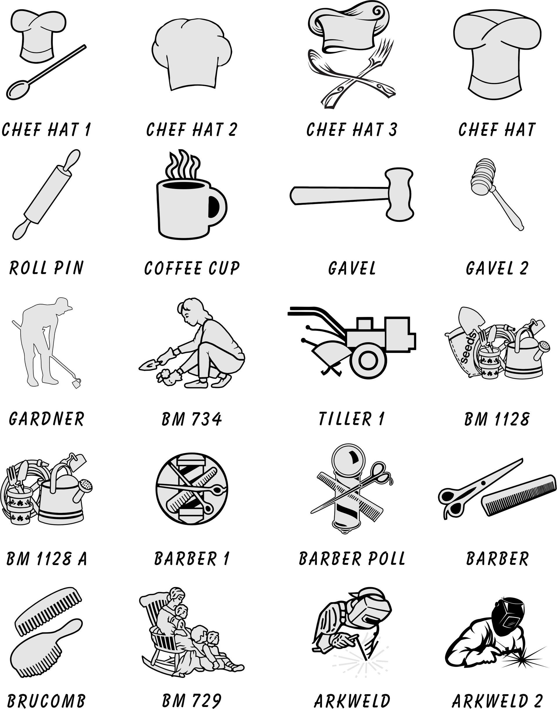 A grid of 20 black-and-white icons illustrating culinary, gardening, barbering, and labor-related tools and professions.