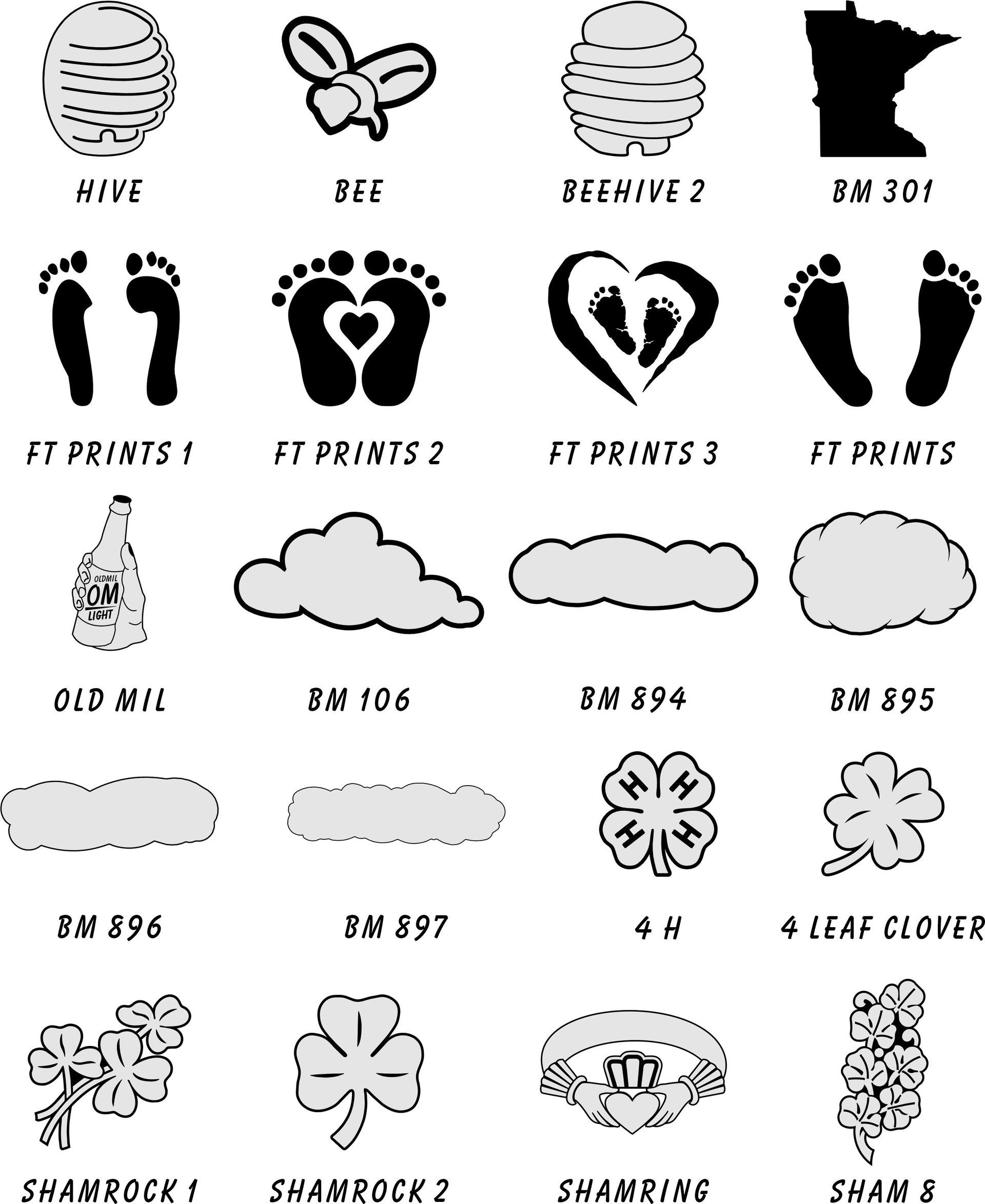 A grid of graphic icons including bees, footprints, clouds, clovers, and shamrocks, each labeled with a style name.