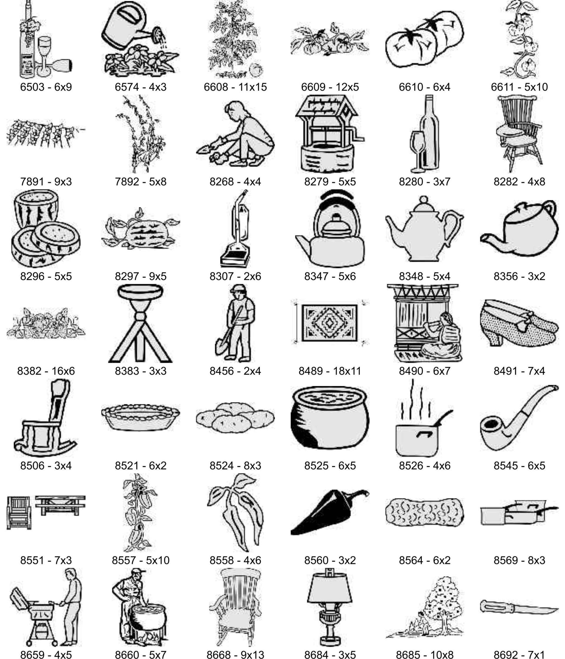 A grid of miscellaneous black-and-white line art icons, including household items, plants, and people.