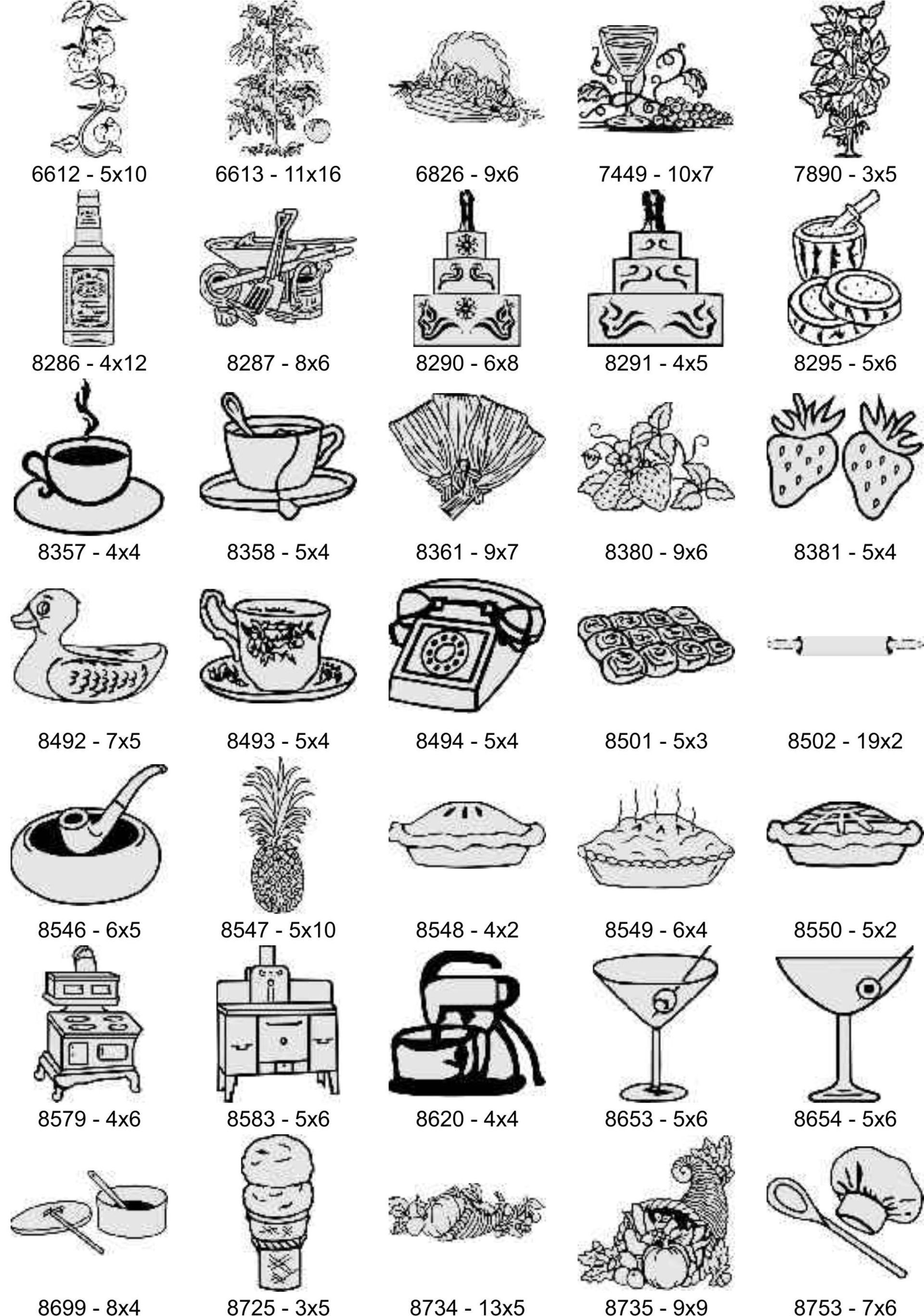A grid of black-and-white icons representing various food items, household objects, and symbols, each with a code number.