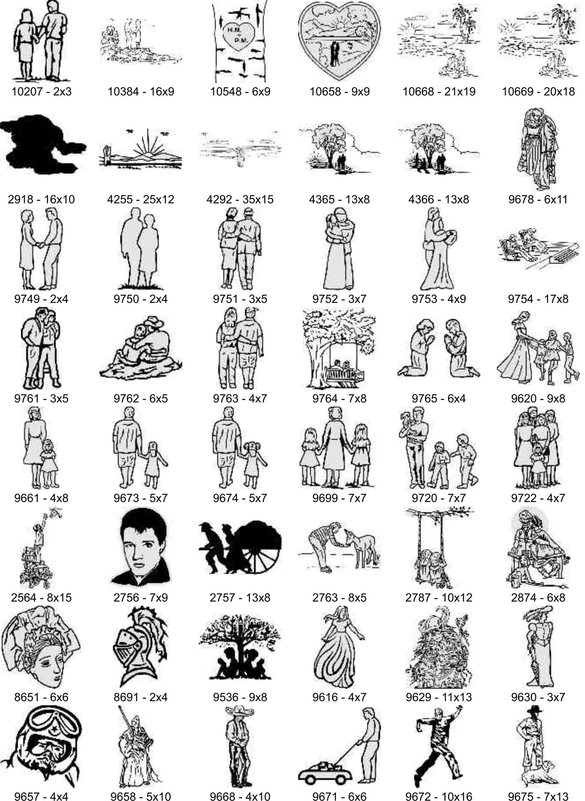 A grid of various small black-and-white icon sketches depicting diverse figures, scenes, and motifs for monument designs.