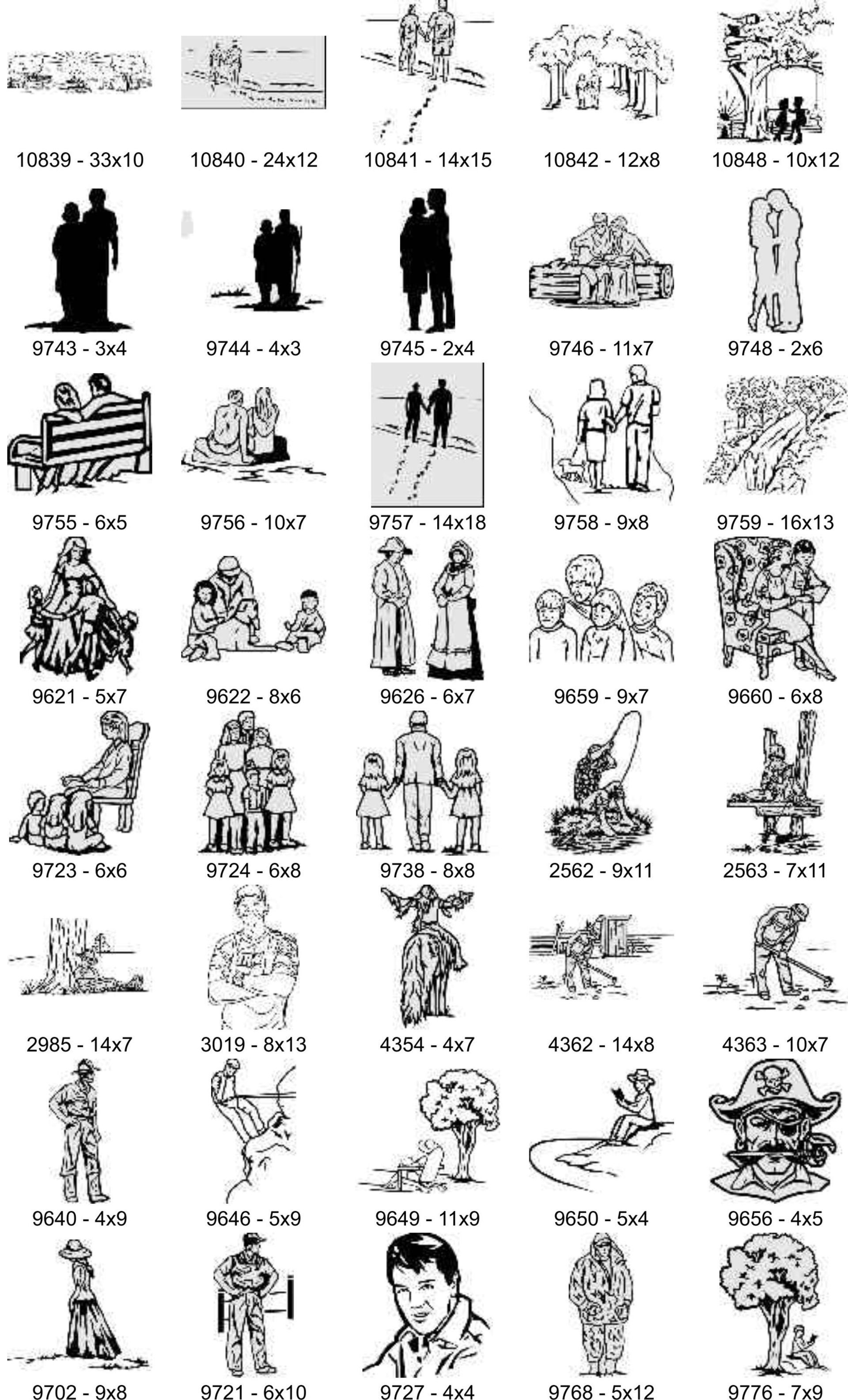 A grid of small, monochrome illustrations depicting various figures, scenes, and items, each labeled with a numeric code.