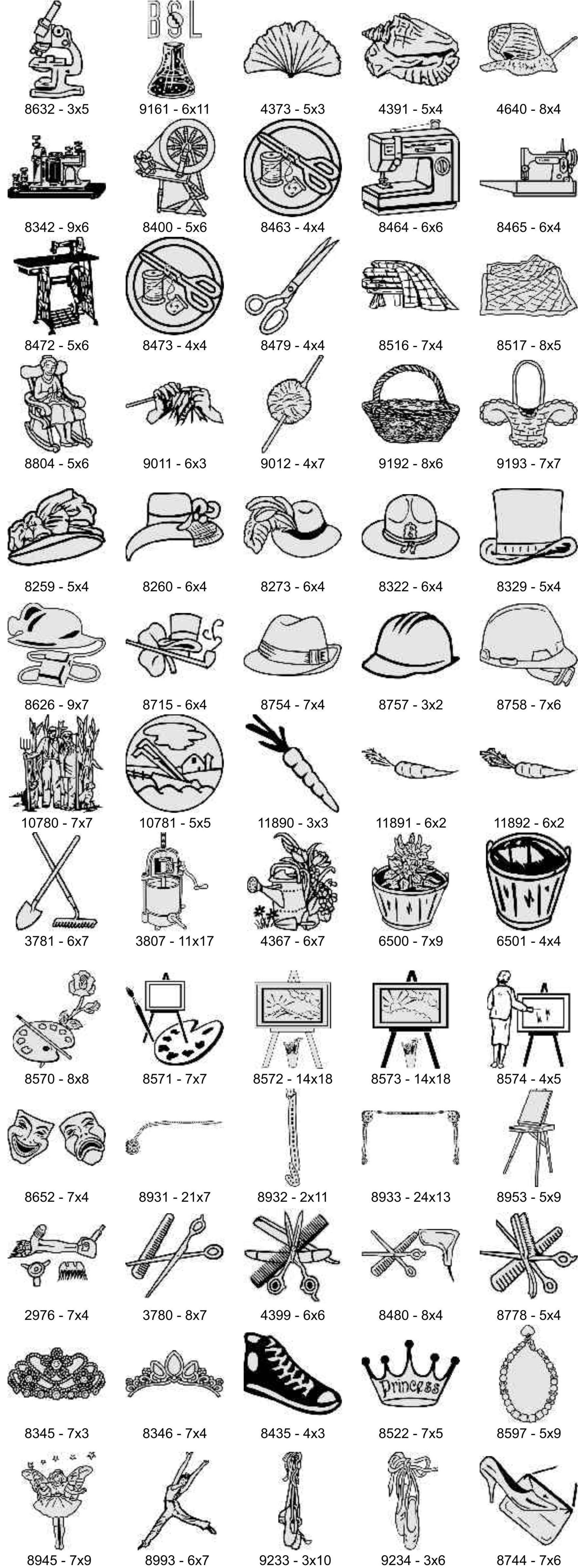 A grid of small, black-and-white line art illustrations depicting various objects, including plants, tools, and decorations.