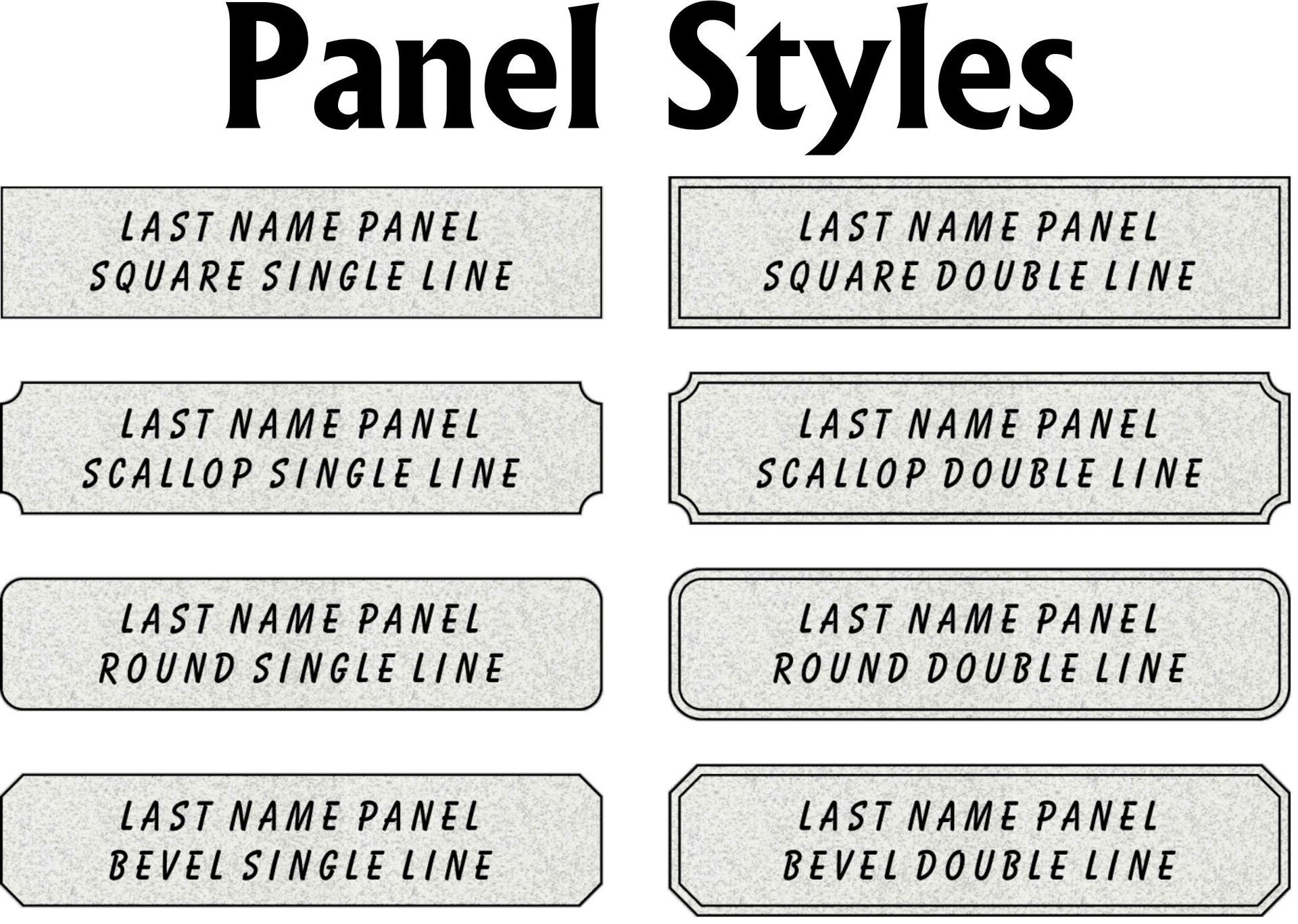 A chart titled Panel Styles displaying eight rectangular border designs, categorized by shape and single or double lines.