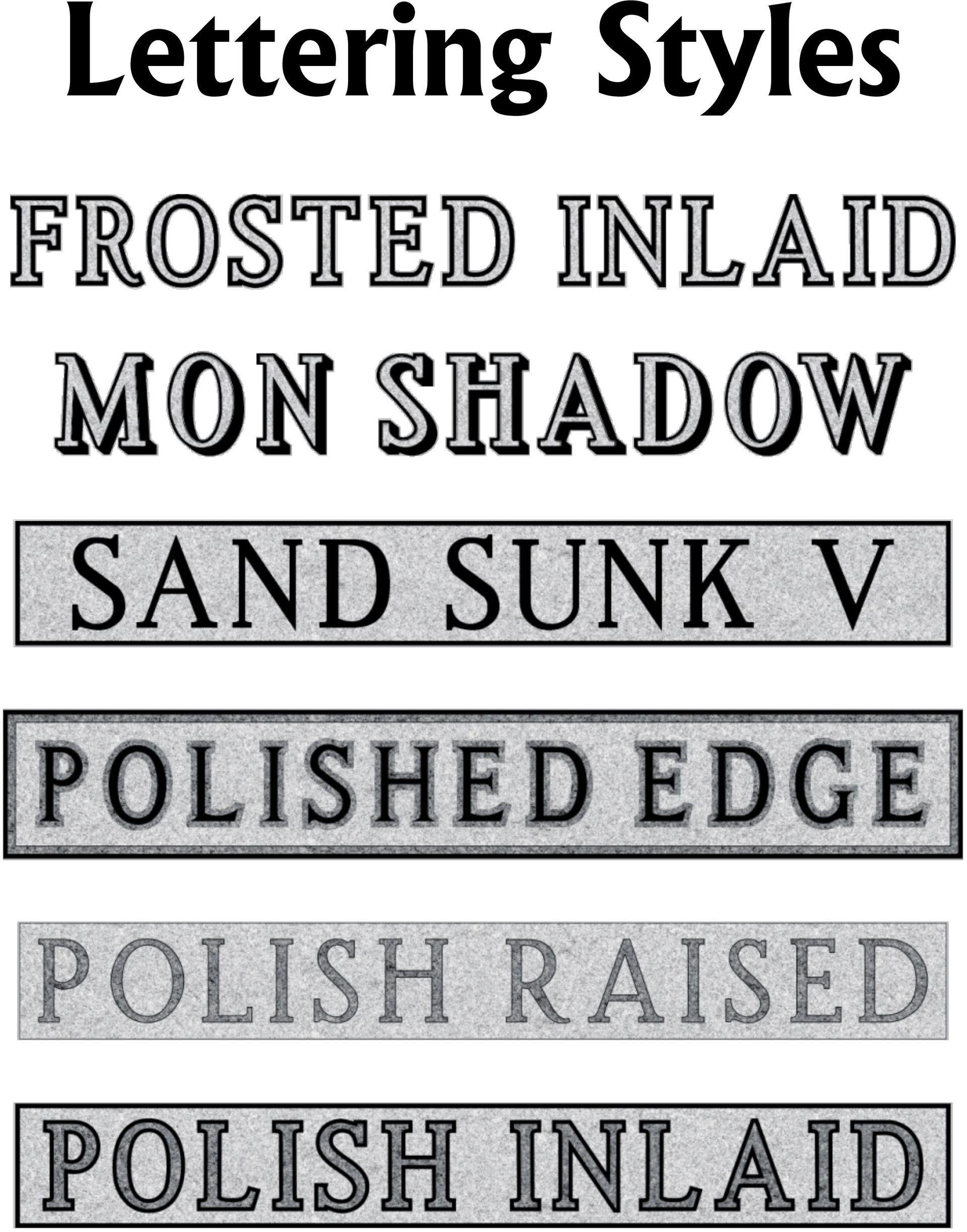 A list of six monument lettering styles: Frosted Inlaid, Mon Shadow, Sand Sunk V, Polished Edge, Polish Raised, and Inlaid.