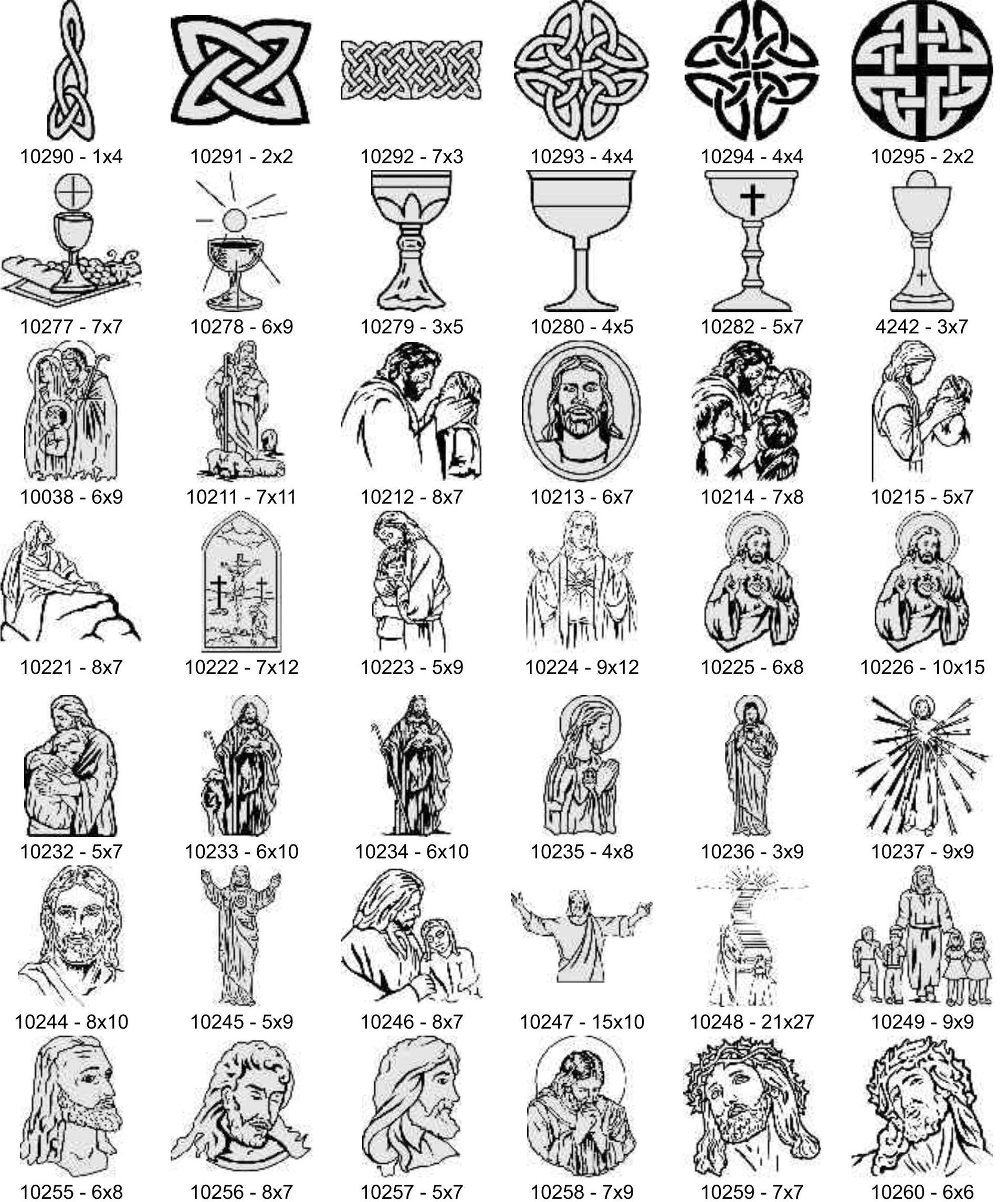 A catalog grid showing black-and-white religious icons, including Celtic knots, chalices, and various saintly figures.