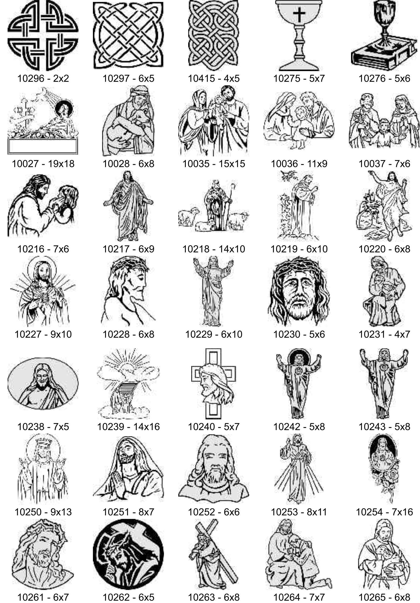 A grid of religious engravings featuring crosses, saints, scenes from the Bible, and Christian symbols with labels.