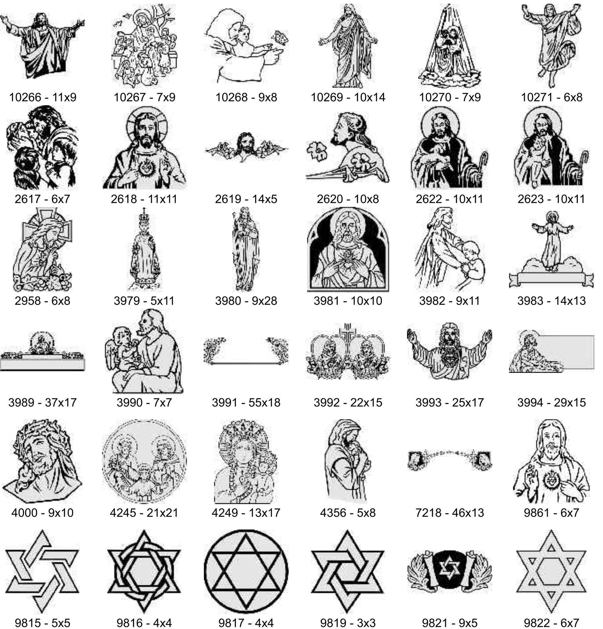 A grid of black-and-white religious line drawings, featuring figures of Jesus, Mary, and several Star of David designs.