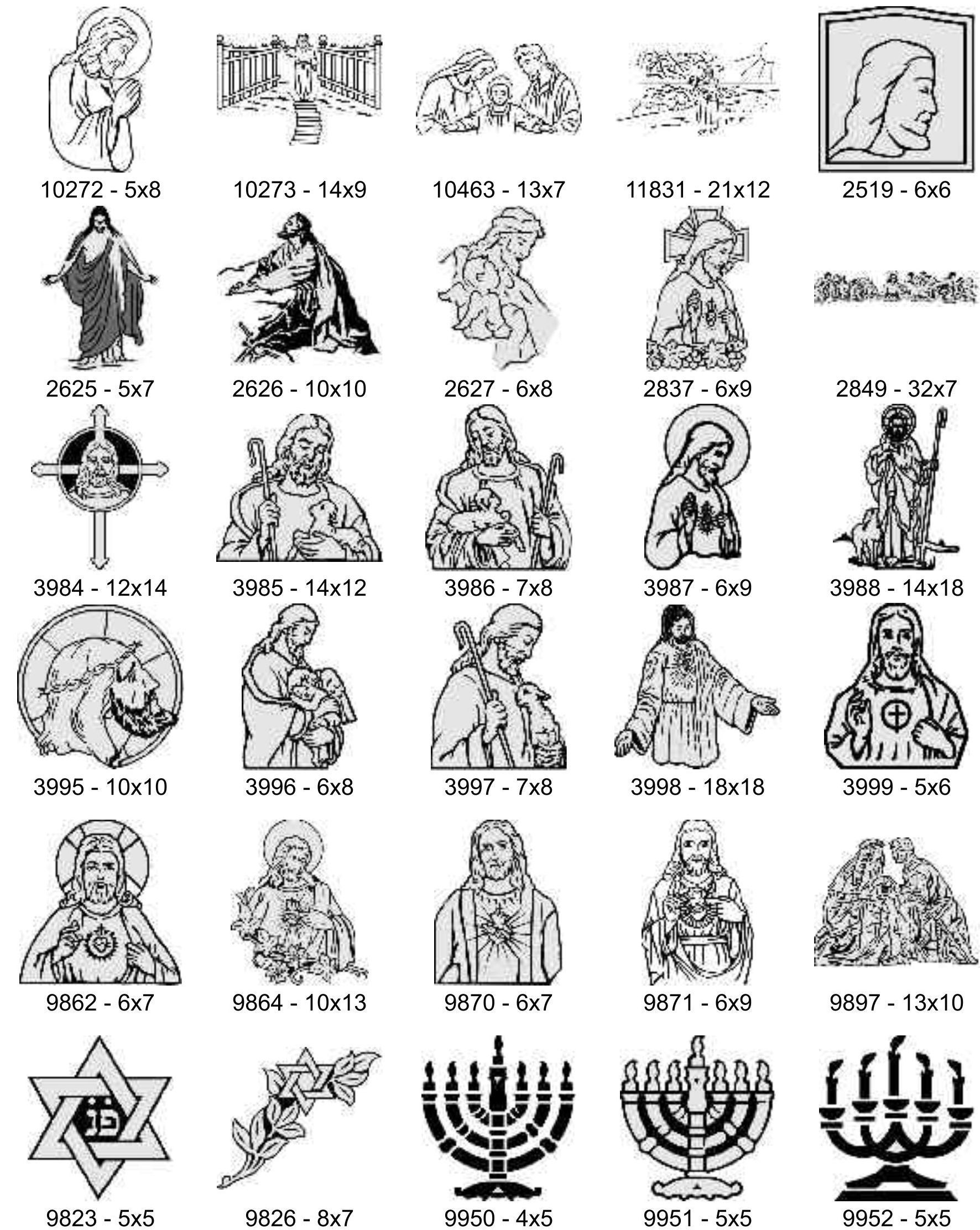 A grid of religious symbols, icons, and figures, including portraits of holy figures, crosses, stars of David, and menorahs.
