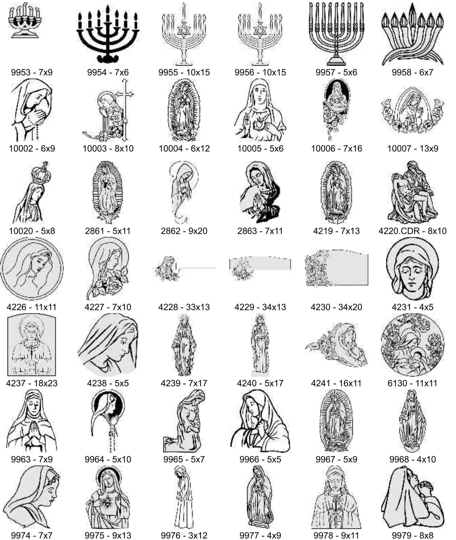 A catalog grid showing various black-and-white icons of menorahs and religious figures, each with a numerical code below.