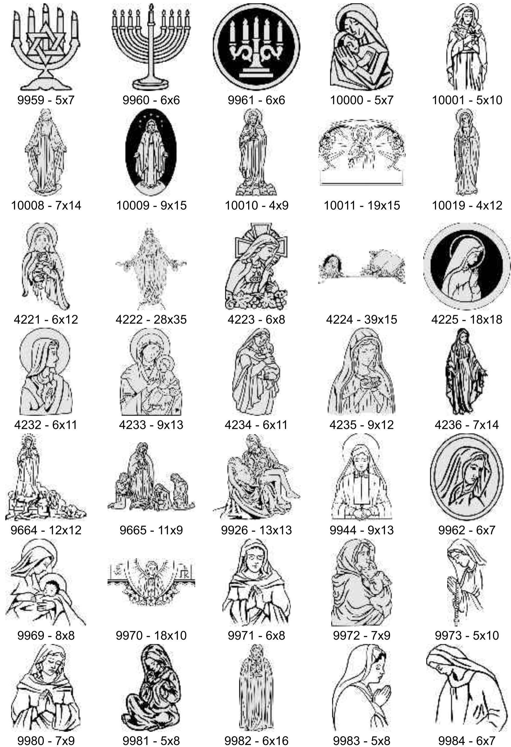 A grid of black-and-white line art icons, including menorahs and various religious figures, designed for engravings.