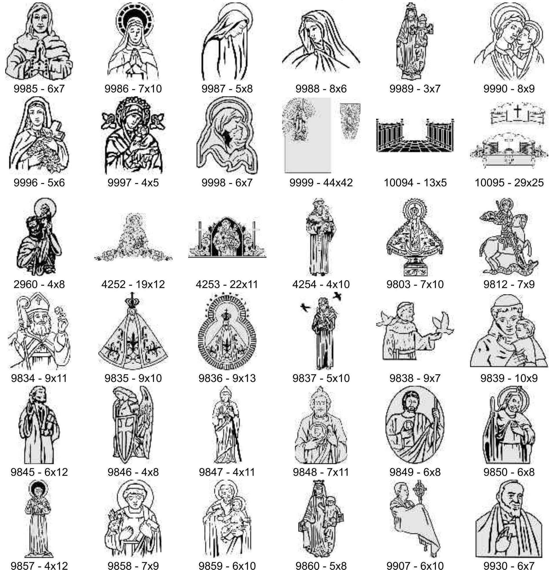 A grid of 36 black-and-white line art illustrations depicting various religious figures and icons, each with a code below.