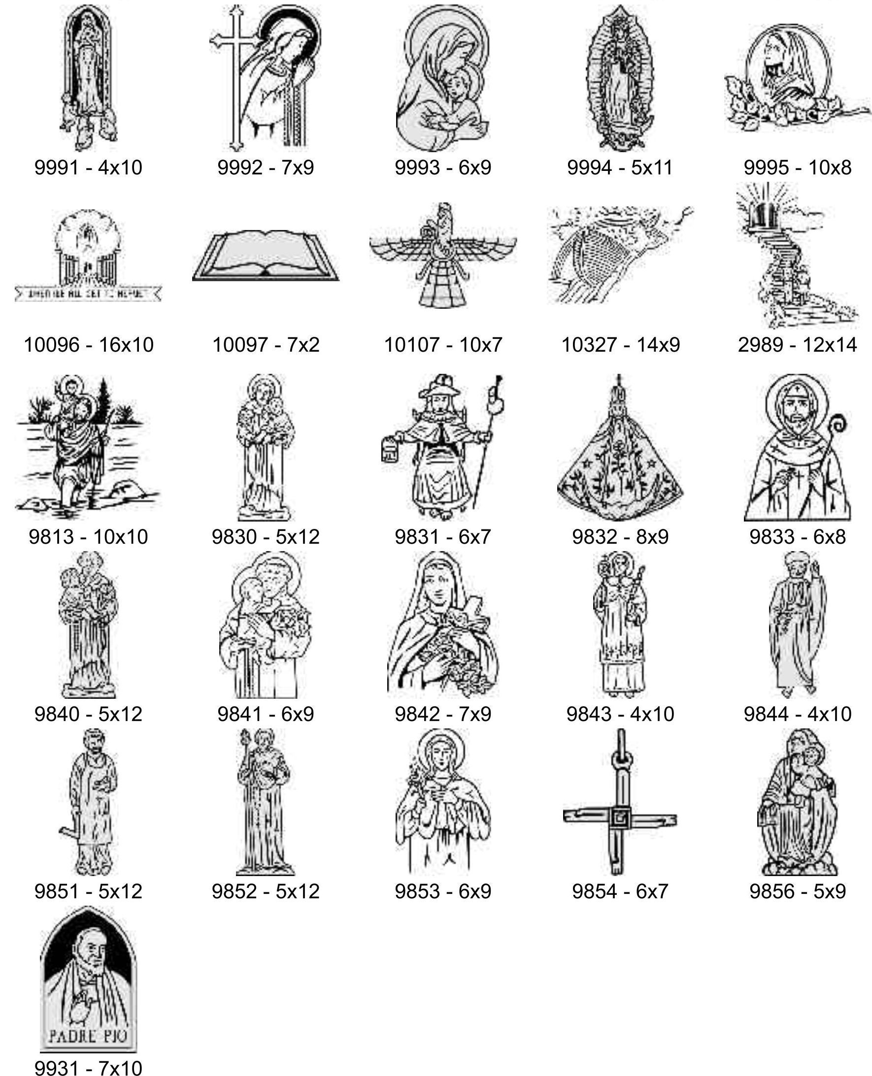 A grid of black-and-white line art illustrations depicting various religious figures, symbols, and icons.
