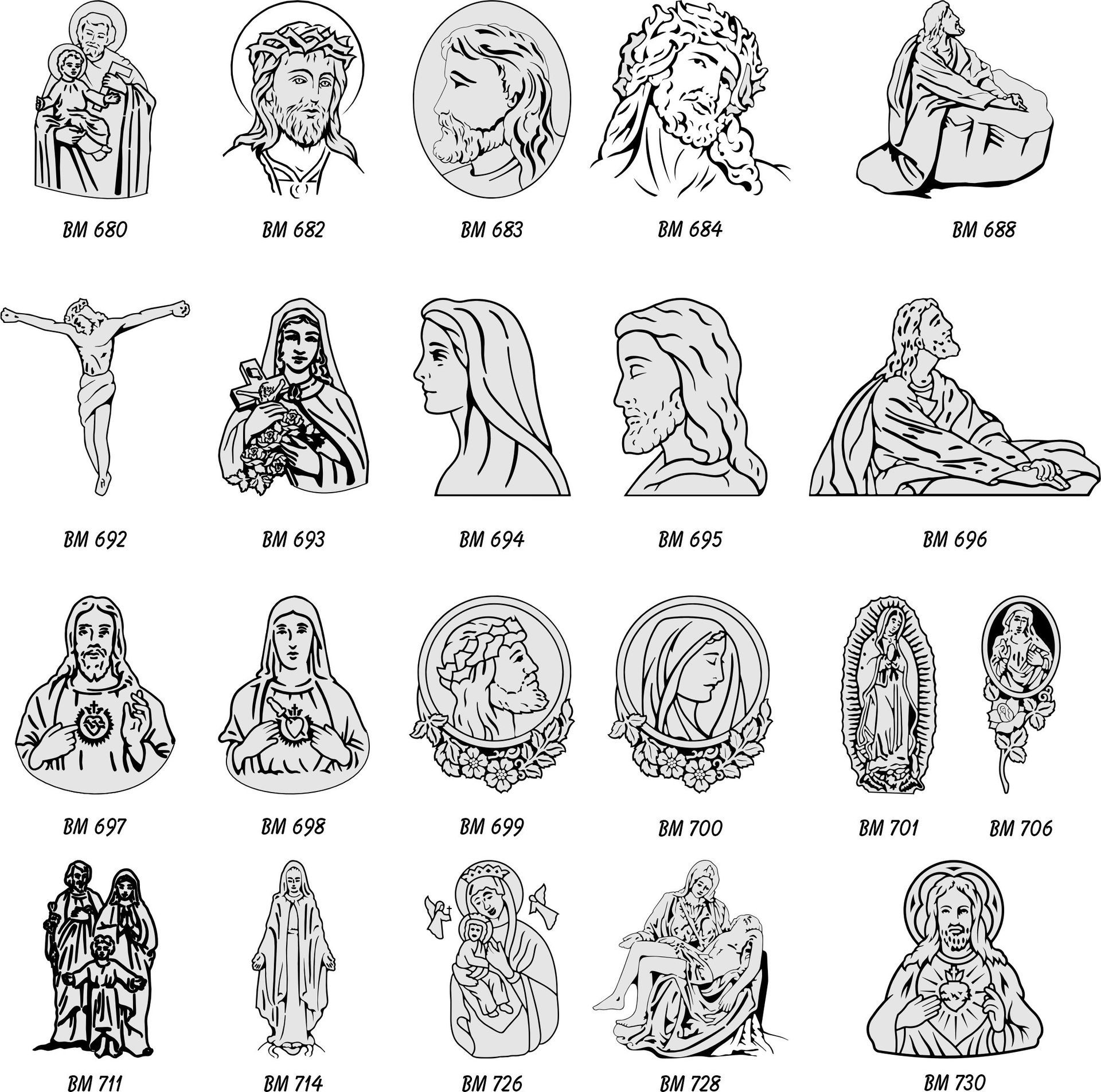 A grid of twenty religious line-art illustrations of figures, each labeled with a reference code.