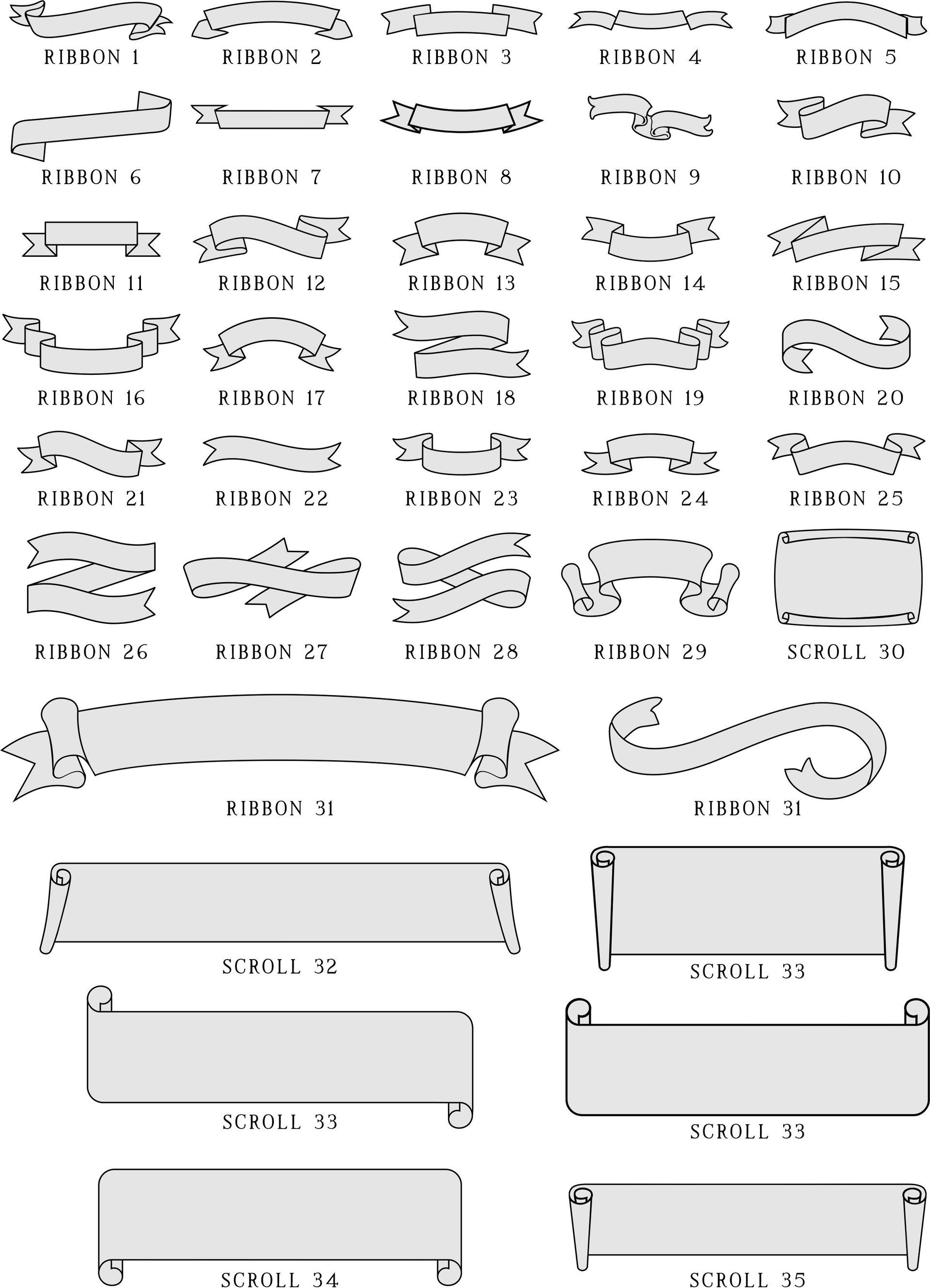 A collection of thirty-six various black and white ribbon and banner designs arranged in a grid.