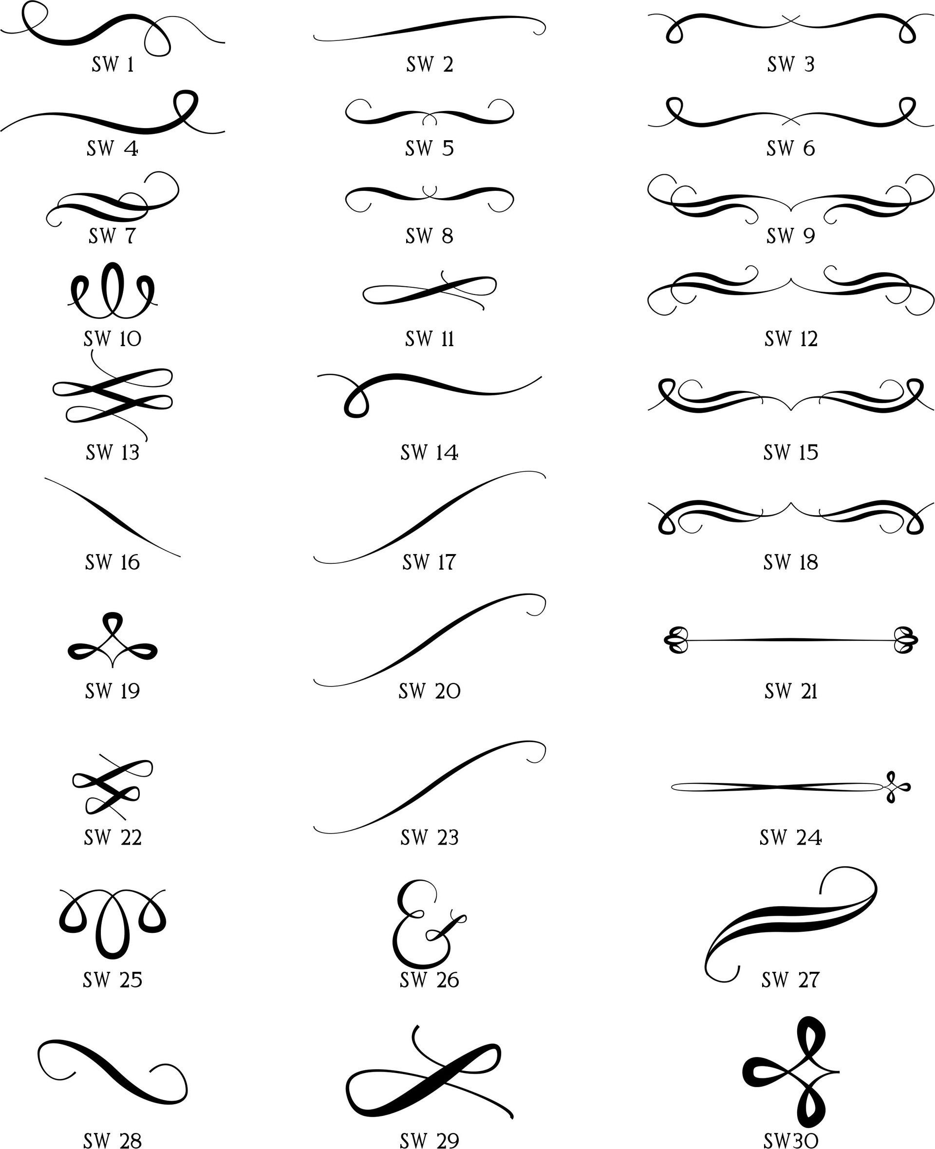 A grid of 30 various decorative typographical flourishes, dividers, and scrollwork designs labeled SV 1 through SV 30.