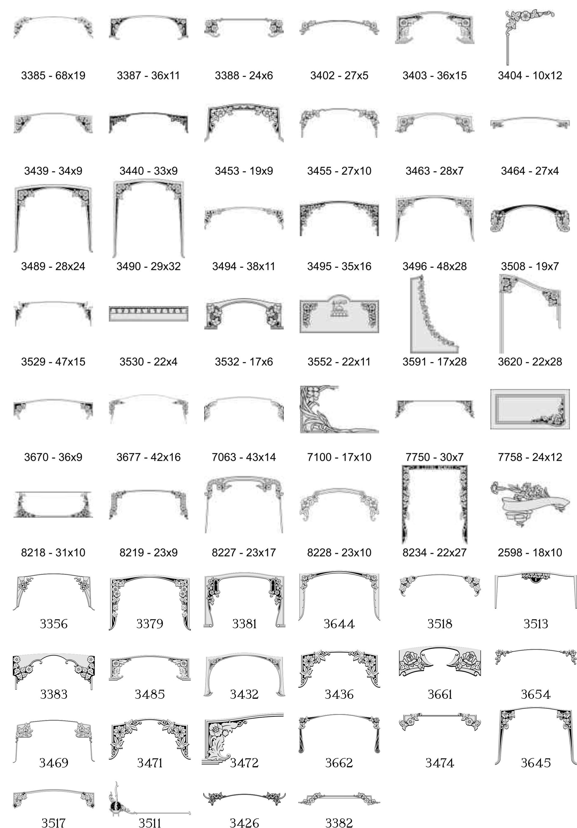 A reference grid of various ornate header and corner border designs for stationery or graphic layout projects.