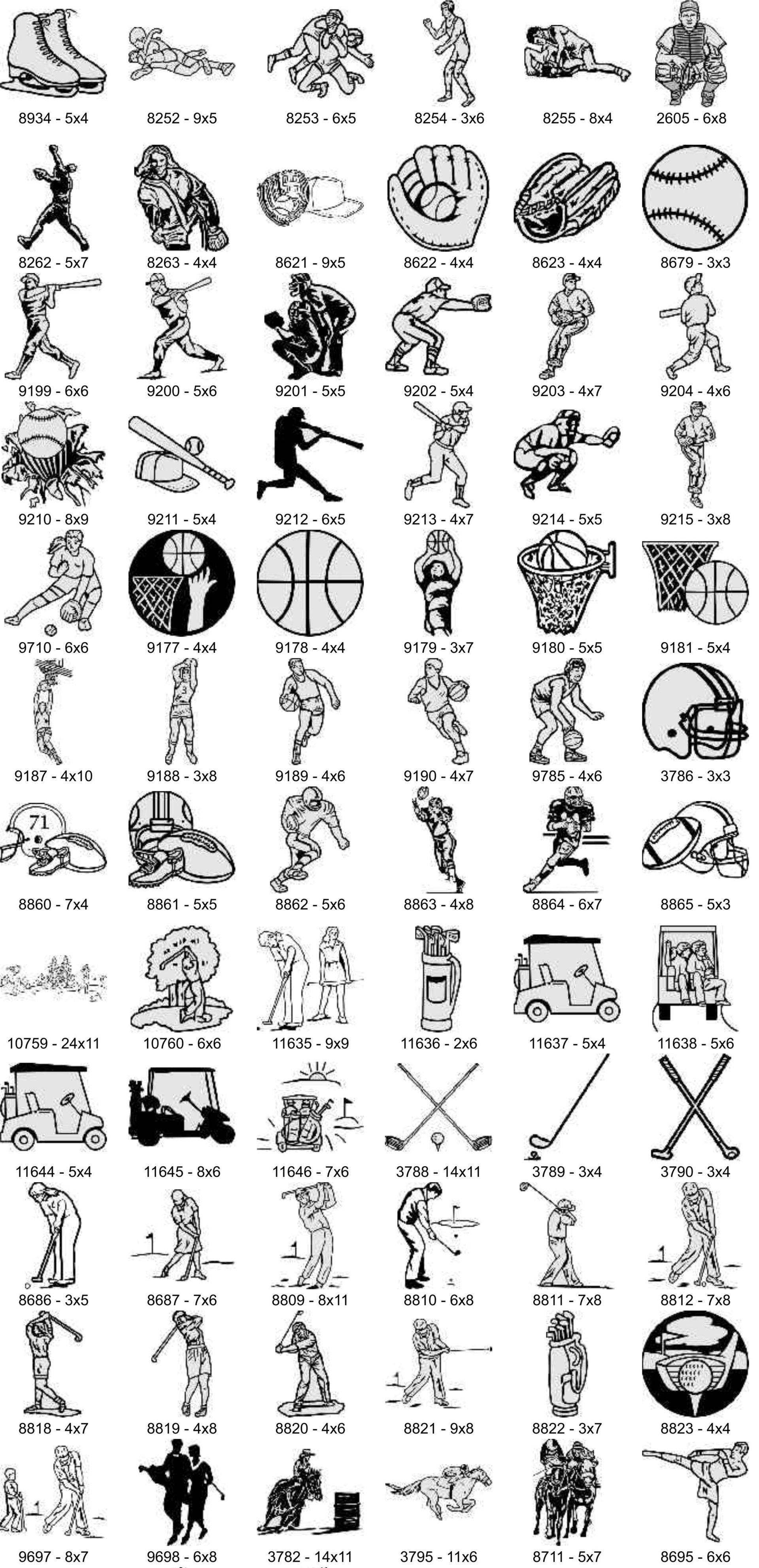 A grid of black-and-white icons illustrating various sports, including baseball, football, golf, and hockey equipment.