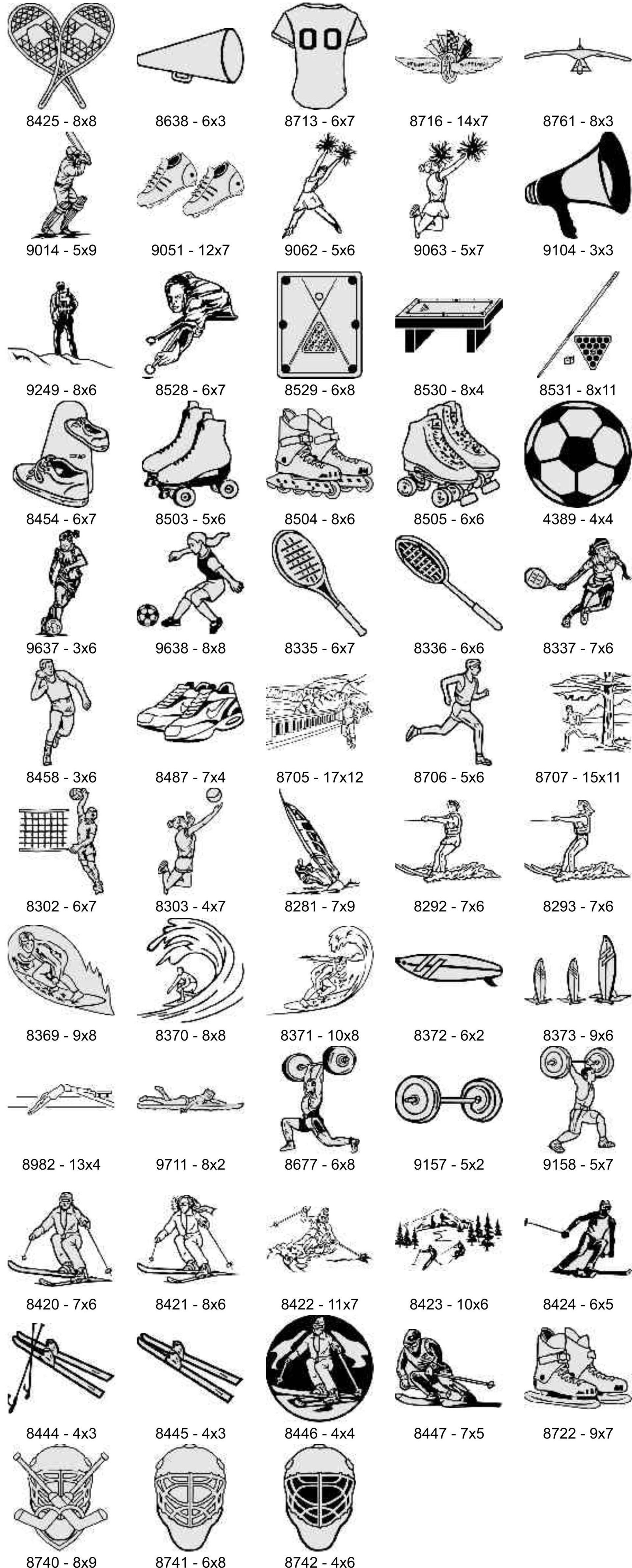 A grid of black-and-white icons featuring various sports equipment, athletes in action, and school-related motifs.