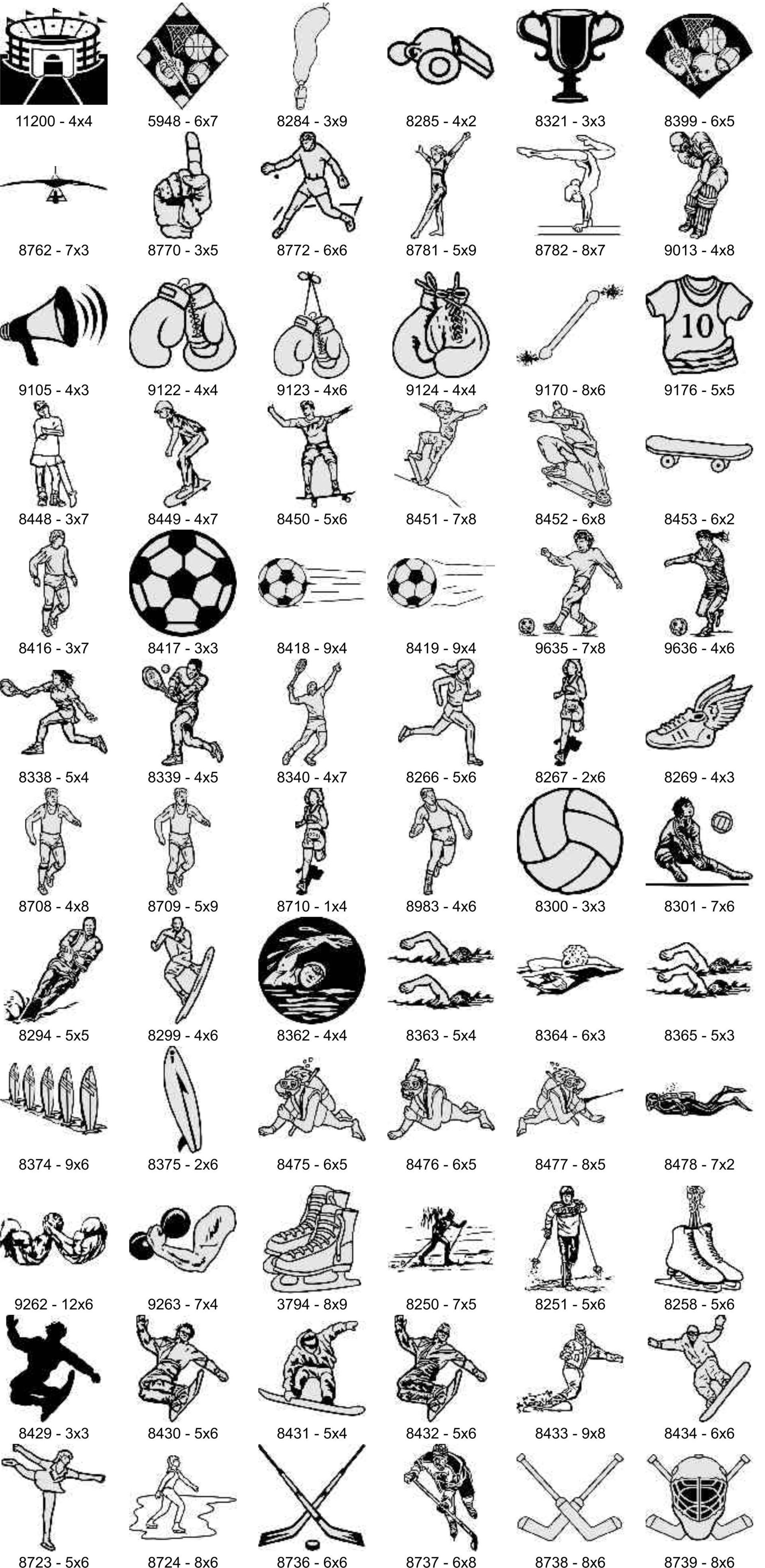 A grid of black-and-white icons illustrating various sports, athletes in action, and sports-related equipment.