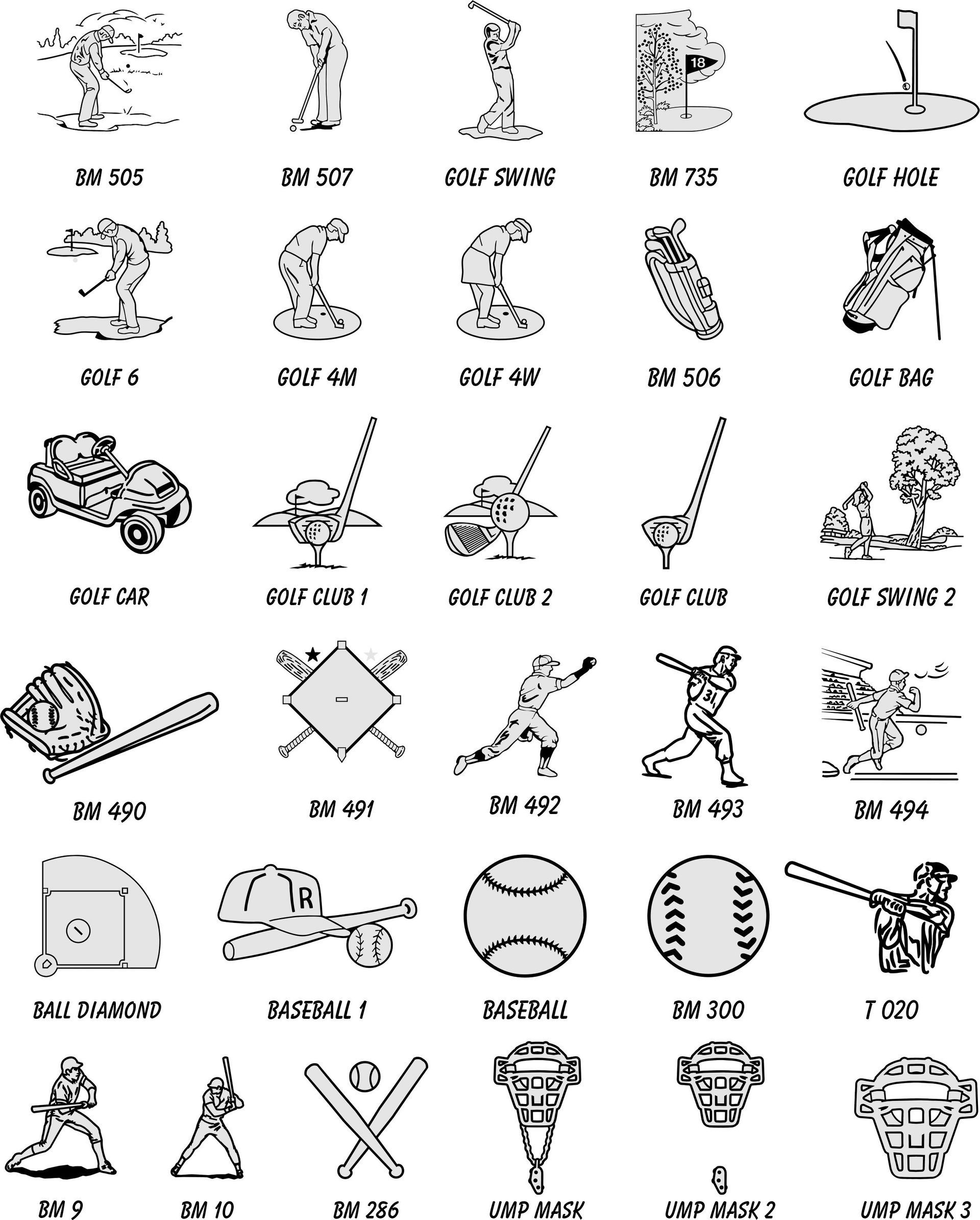 A grid of 30 monochrome line-art icons depicting golf and baseball equipment, players, and playing fields.