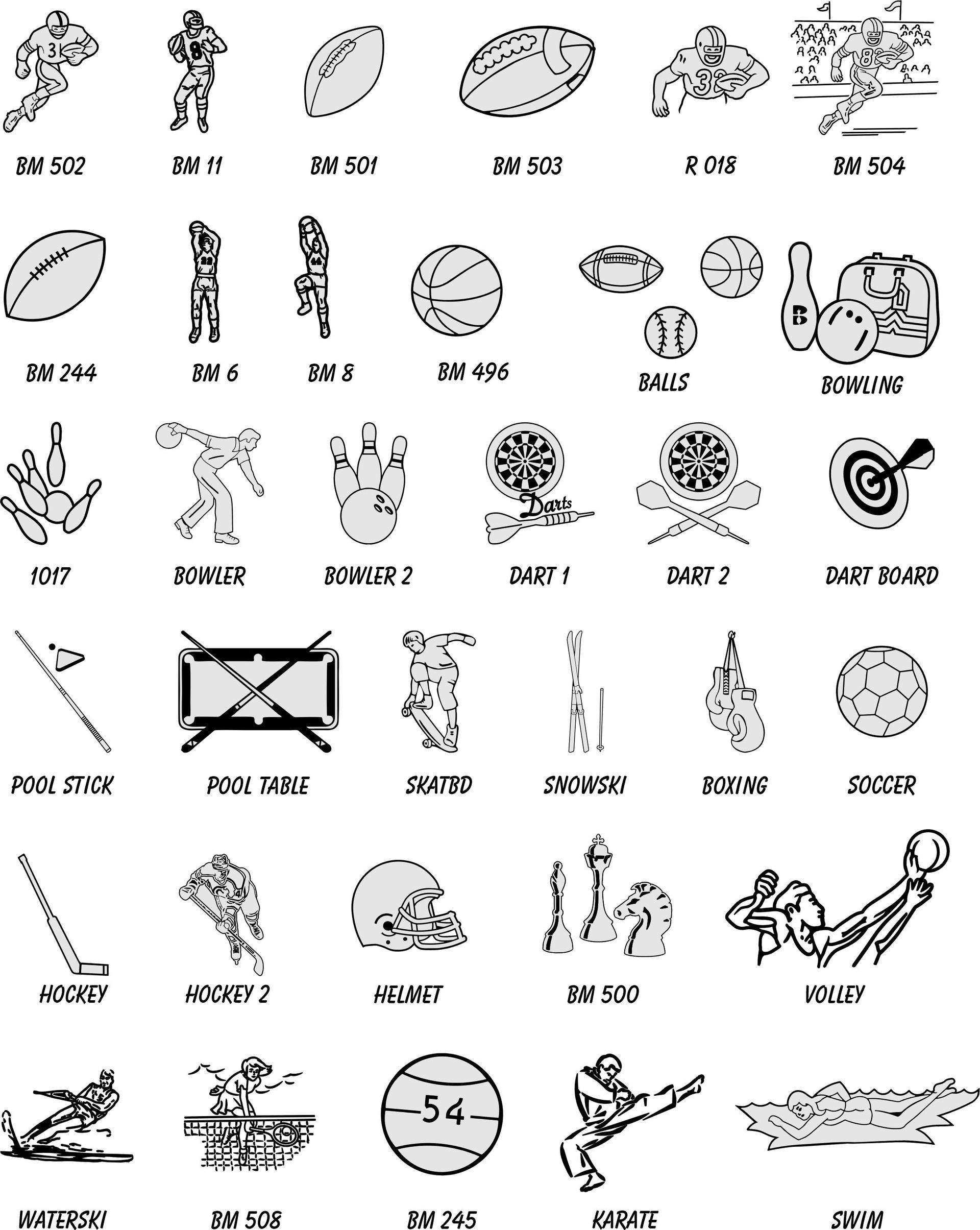 A grid of black-and-white line art icons depicting various sports equipment, athletes, and sporting activities.