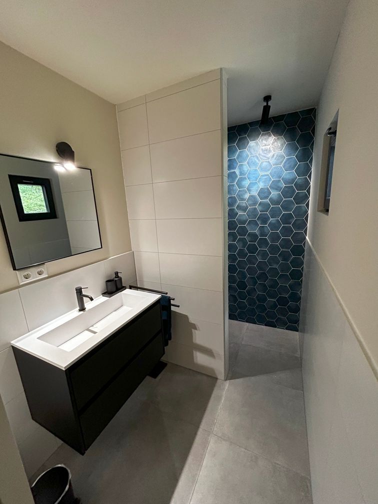 Een badkamer met wastafel, spiegel en inloopdouche. Vakantiewoning Boshuisje de Leeuwerik