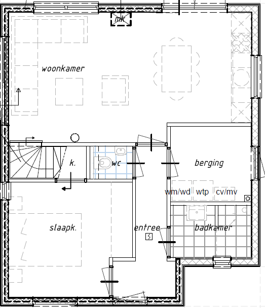 Een zwart-wit plattegrond van een huis met een trap. Vakantiewoning Boshuisje de Leeuwerik