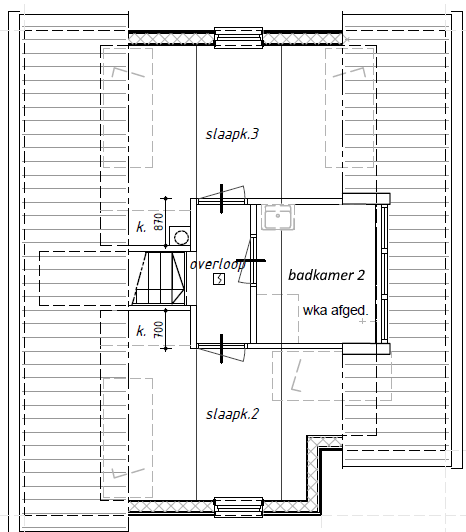 Een zwart-wit tekening van de tweede verdieping van een huis. Vakantiewoning Boshuisje de Leeuwerik