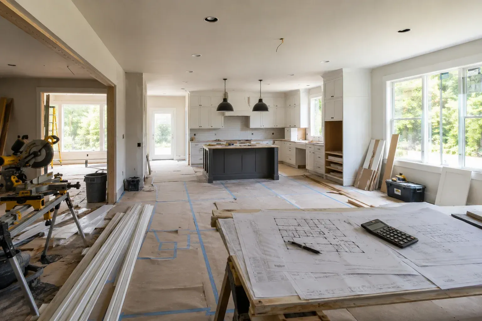 A modern kitchen undergoing a home remodel with gray cabinets and a wooden island, illustrating home