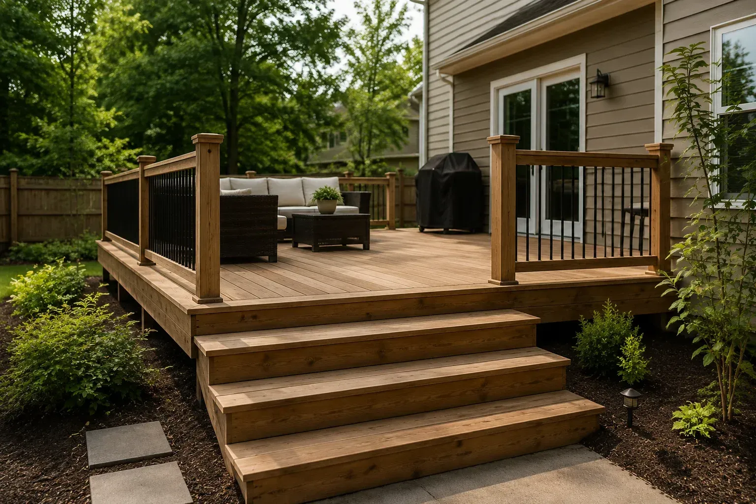 A beautiful custom wooden deck with comfortable outdoor furniture, illustrating how much a deck costs to build.