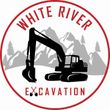 White River Excavation logo: black excavator silhouette, red border, mountains in background.