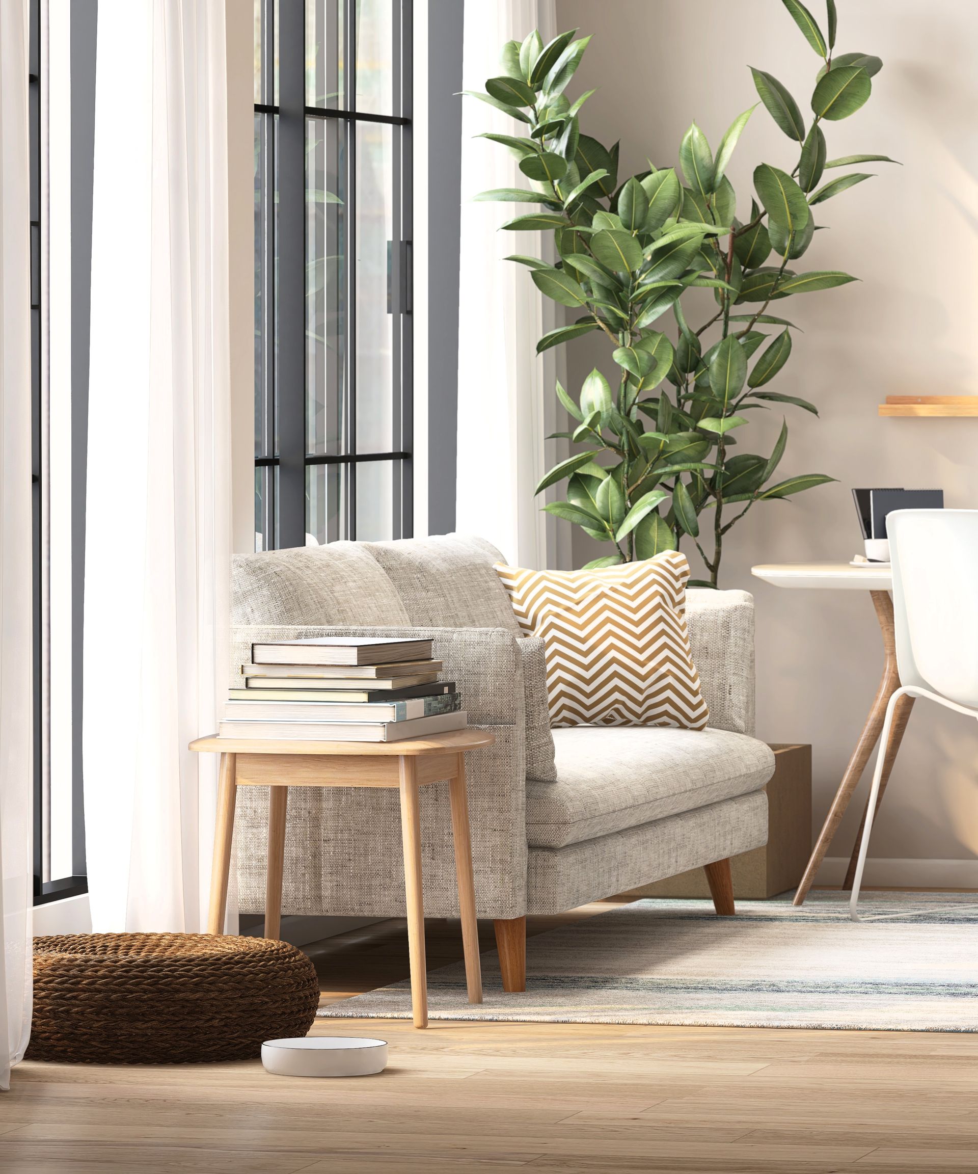 A living room with a chair , table , and plant.
