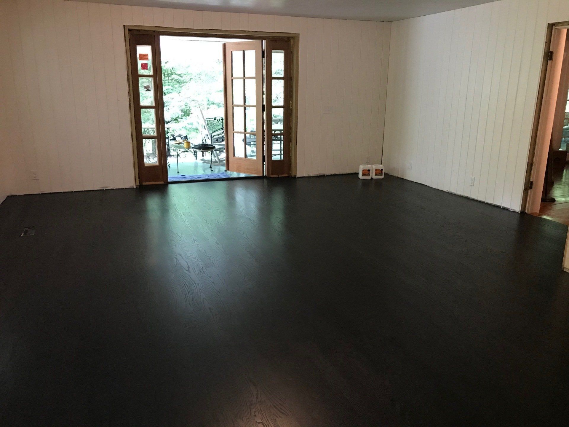 An empty room with a black floor and a sliding glass door