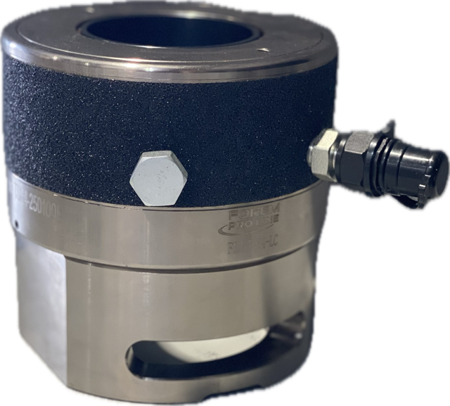 Industrial hydraulic cylinder with black and silver components, with a hex bolt and a hose connection.