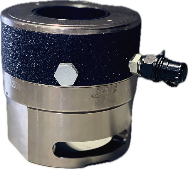 A black cylinder with a hose attached to it on a white background.